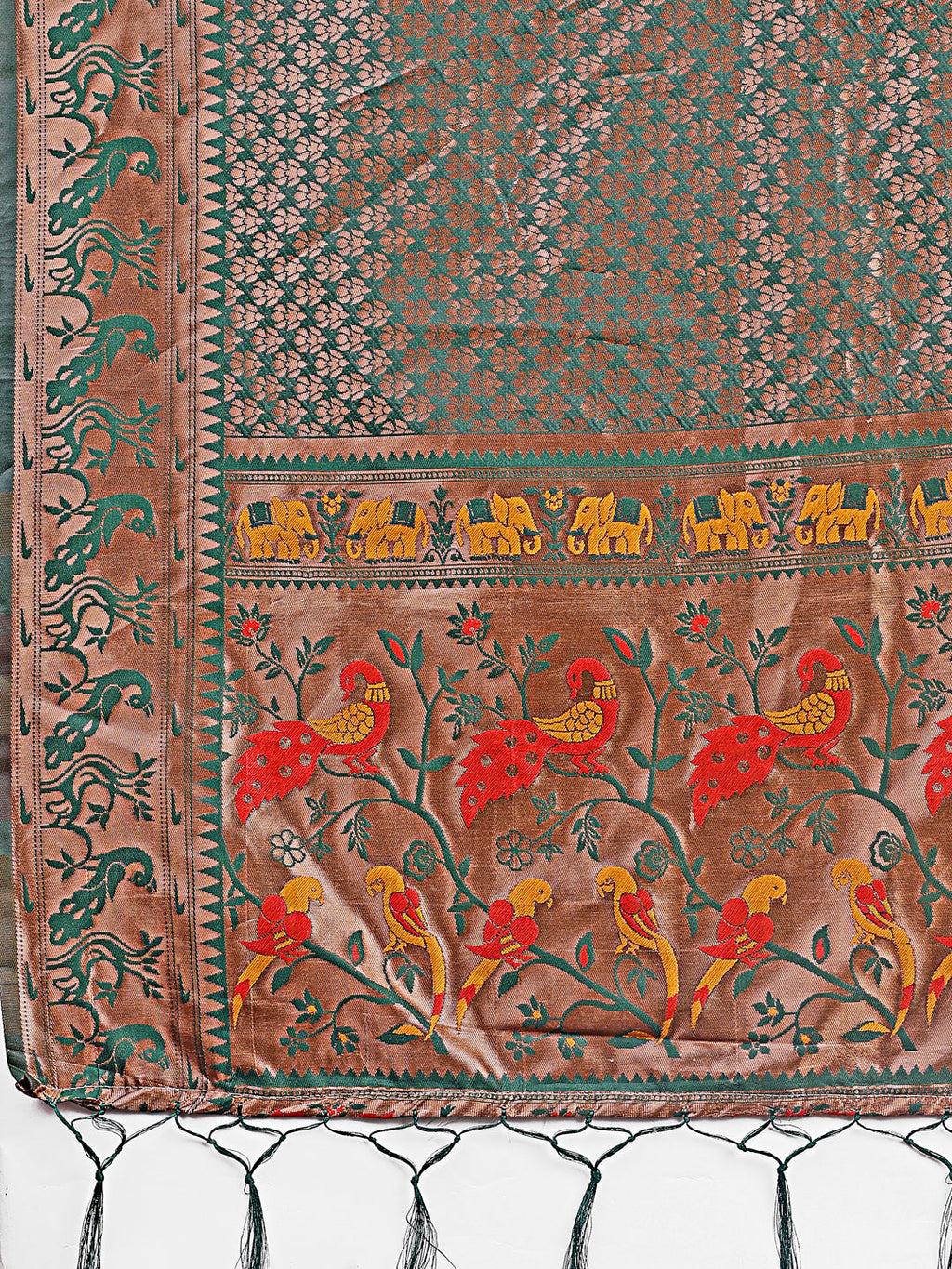 Shree Shyam Fashion Fiery Green Banarasi Silk Saree with Gold Zari and Colorful Pallu - Perfect for Bridal,Wedding & Festive Glamour