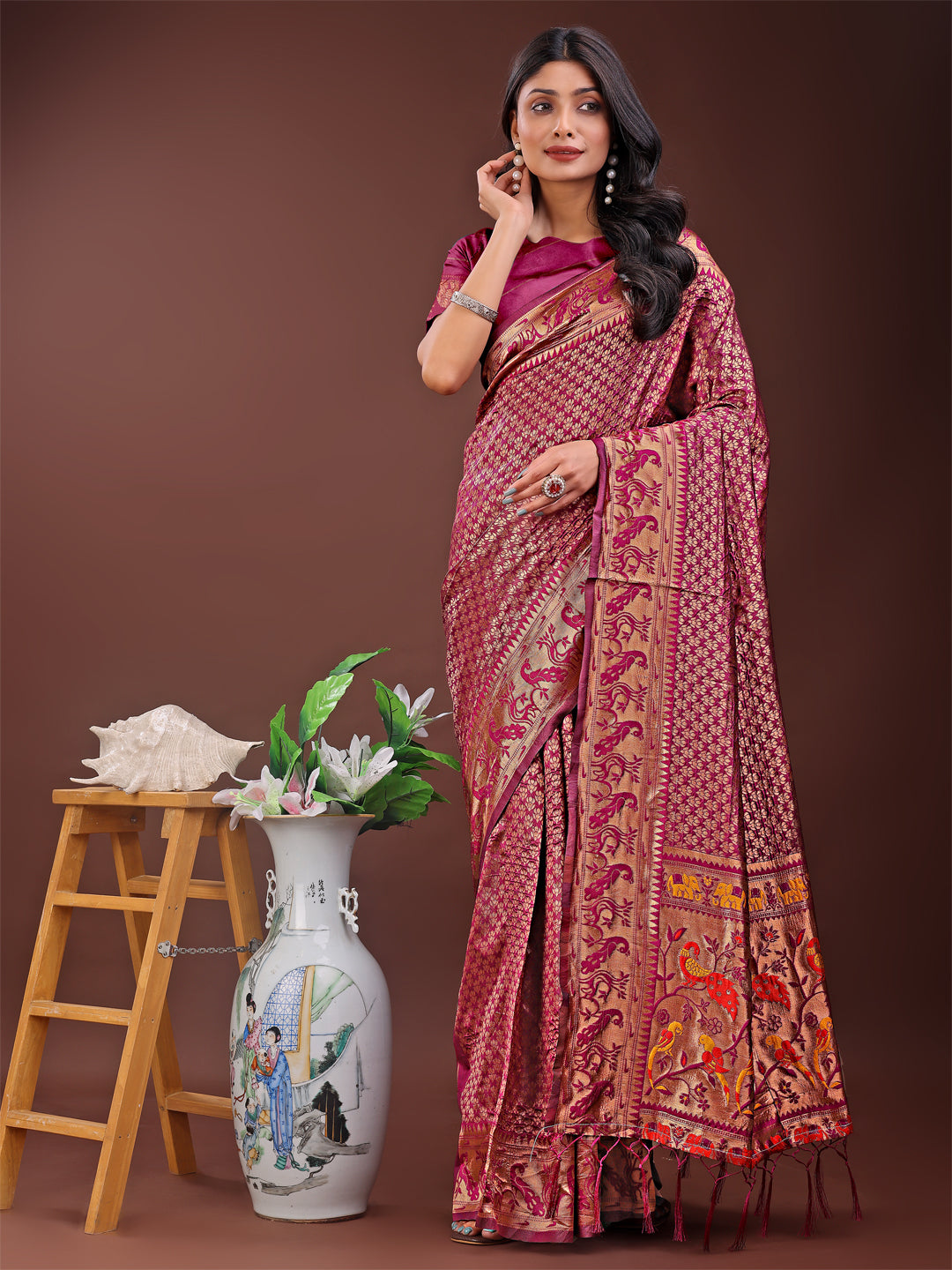 Shree Shyam Fashion Fiery Purple Banarasi Silk Saree with Gold Zari and Colorful Pallu - Perfect for Bridal,Wedding & Festive Glamour