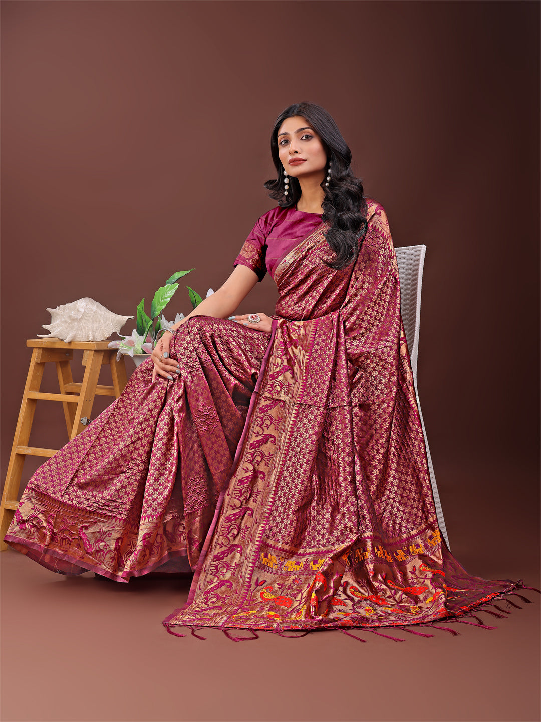 Shree Shyam Fashion Fiery Purple Banarasi Silk Saree with Gold Zari and Colorful Pallu - Perfect for Bridal,Wedding & Festive Glamour