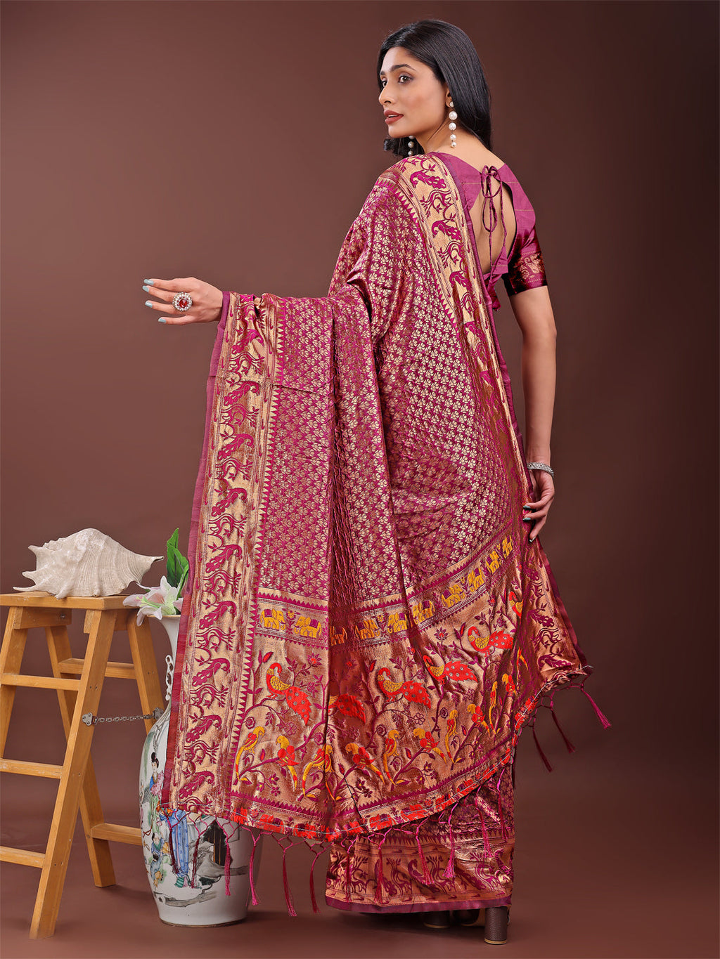 Shree Shyam Fashion Fiery Purple Banarasi Silk Saree with Gold Zari and Colorful Pallu - Perfect for Bridal,Wedding & Festive Glamour