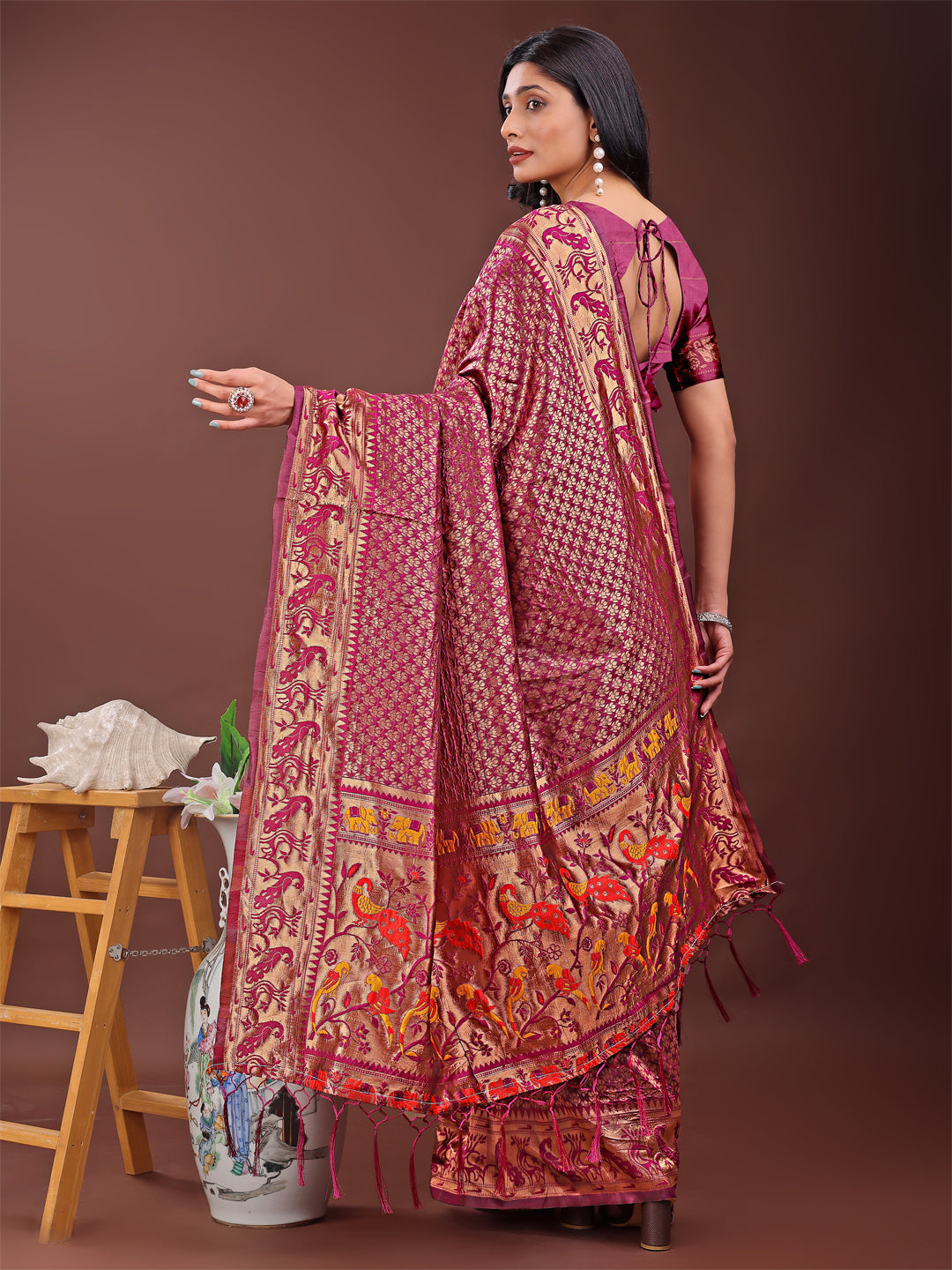 Shree Shyam Fashion Fiery Purple Banarasi Silk Saree with Gold Zari and Colorful Pallu - Perfect for Bridal,Wedding & Festive Glamour