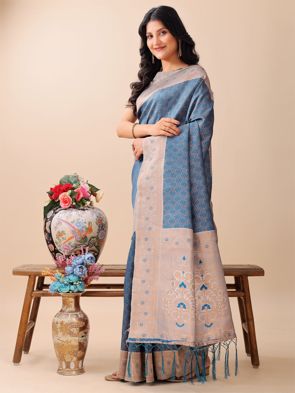 Shree Shyam Fashion Graceful Blue & Beige Lichi Silk Saree with Elegant Woven Pallu - Timeless Beauty for Every Occasion