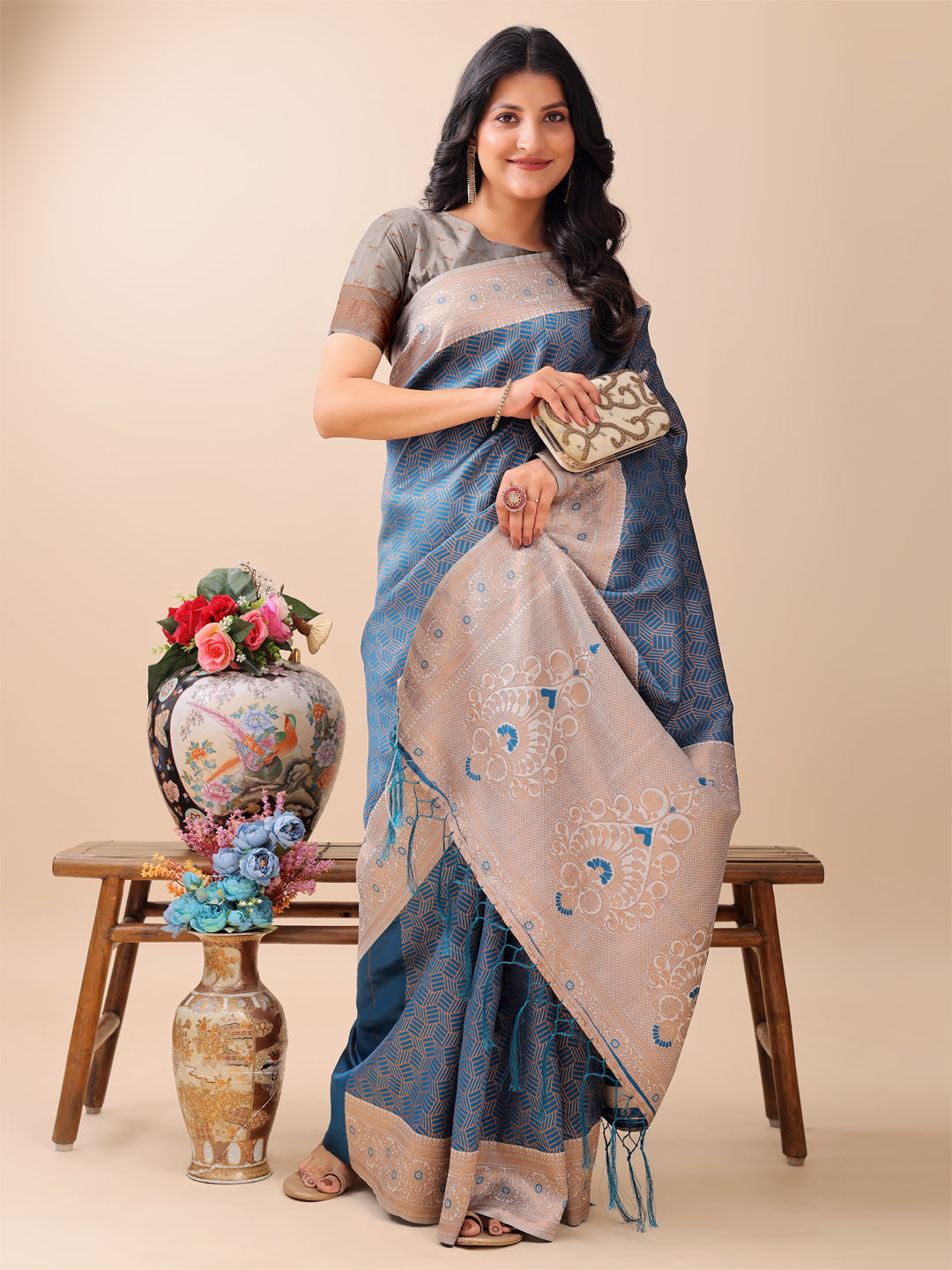 Shree Shyam Fashion Graceful Blue & Beige Lichi Silk Saree with Elegant Woven Pallu - Timeless Beauty for Every Occasion