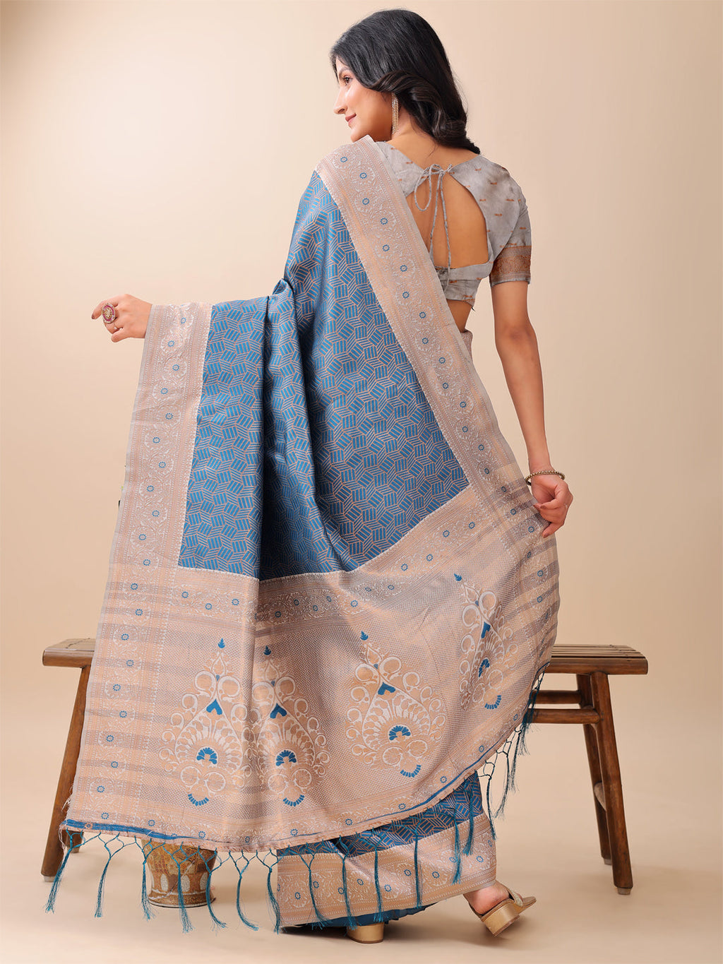 Shree Shyam Fashion Graceful Blue & Beige Lichi Silk Saree with Elegant Woven Pallu - Timeless Beauty for Every Occasion