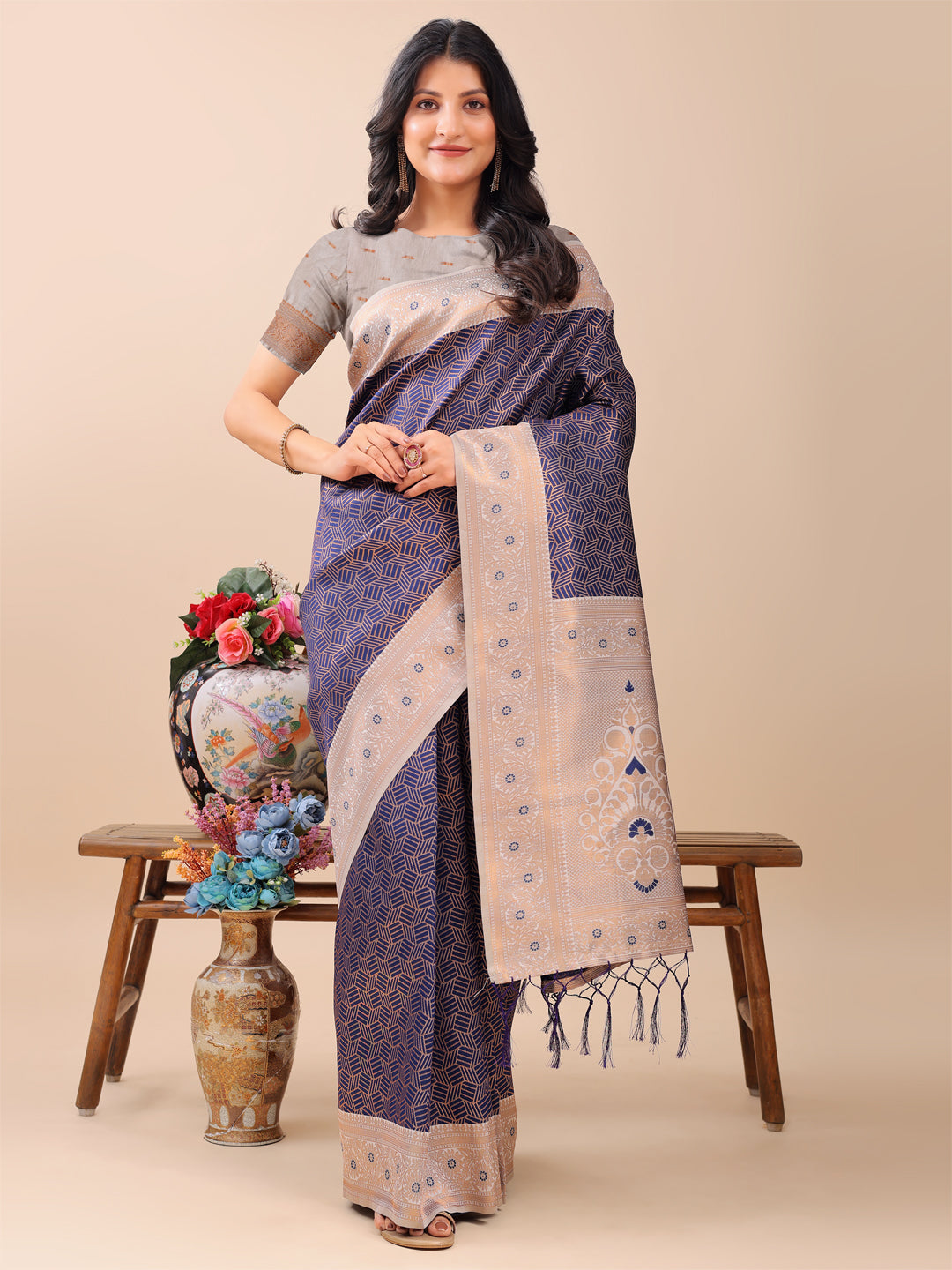Shree Shyam Fashion Graceful Navy Blue & Beige Lichi Silk Saree with Elegant Woven Pallu - Timeless Beauty for Every Occasion