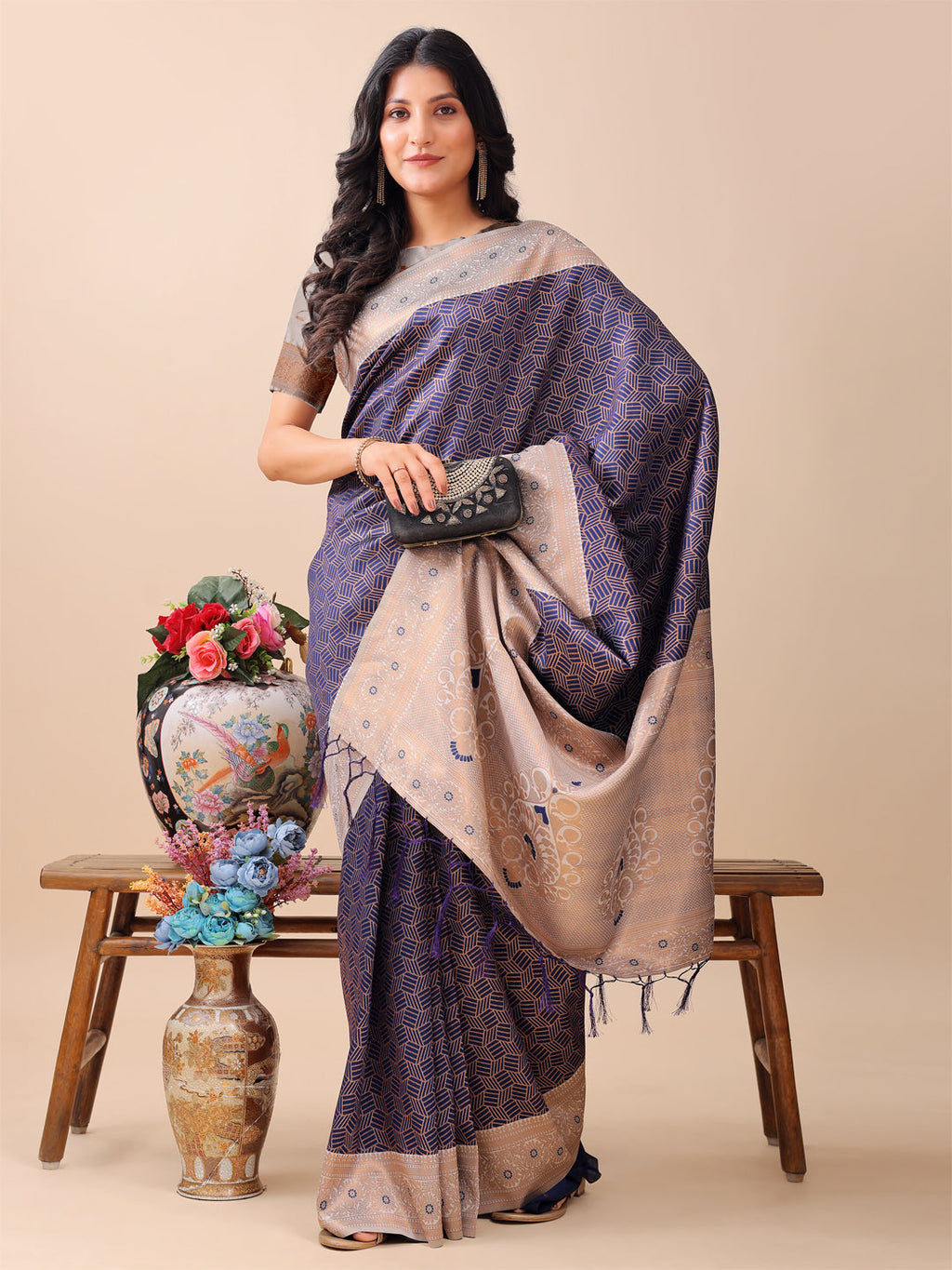 Shree Shyam Fashion Graceful Navy Blue & Beige Lichi Silk Saree with Elegant Woven Pallu - Timeless Beauty for Every Occasion