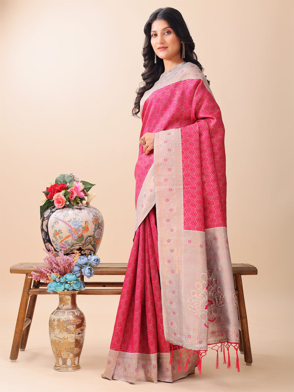 Shree Shyam Fashion Graceful Pink & Beige Lichi Silk Saree with Elegant Woven Pallu - Timeless Beauty for Every Occasion