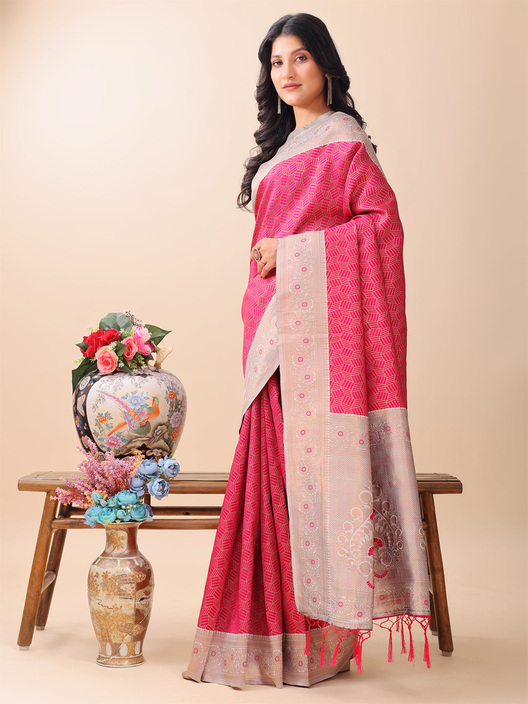 Shree Shyam Fashion Graceful Pink & Beige Lichi Silk Saree with Elegant Woven Pallu - Timeless Beauty for Every Occasion
