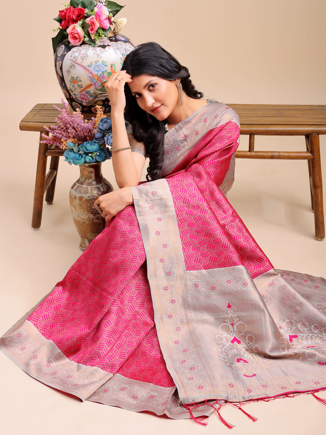 Shree Shyam Fashion Graceful Pink & Beige Lichi Silk Saree with Elegant Woven Pallu - Timeless Beauty for Every Occasion