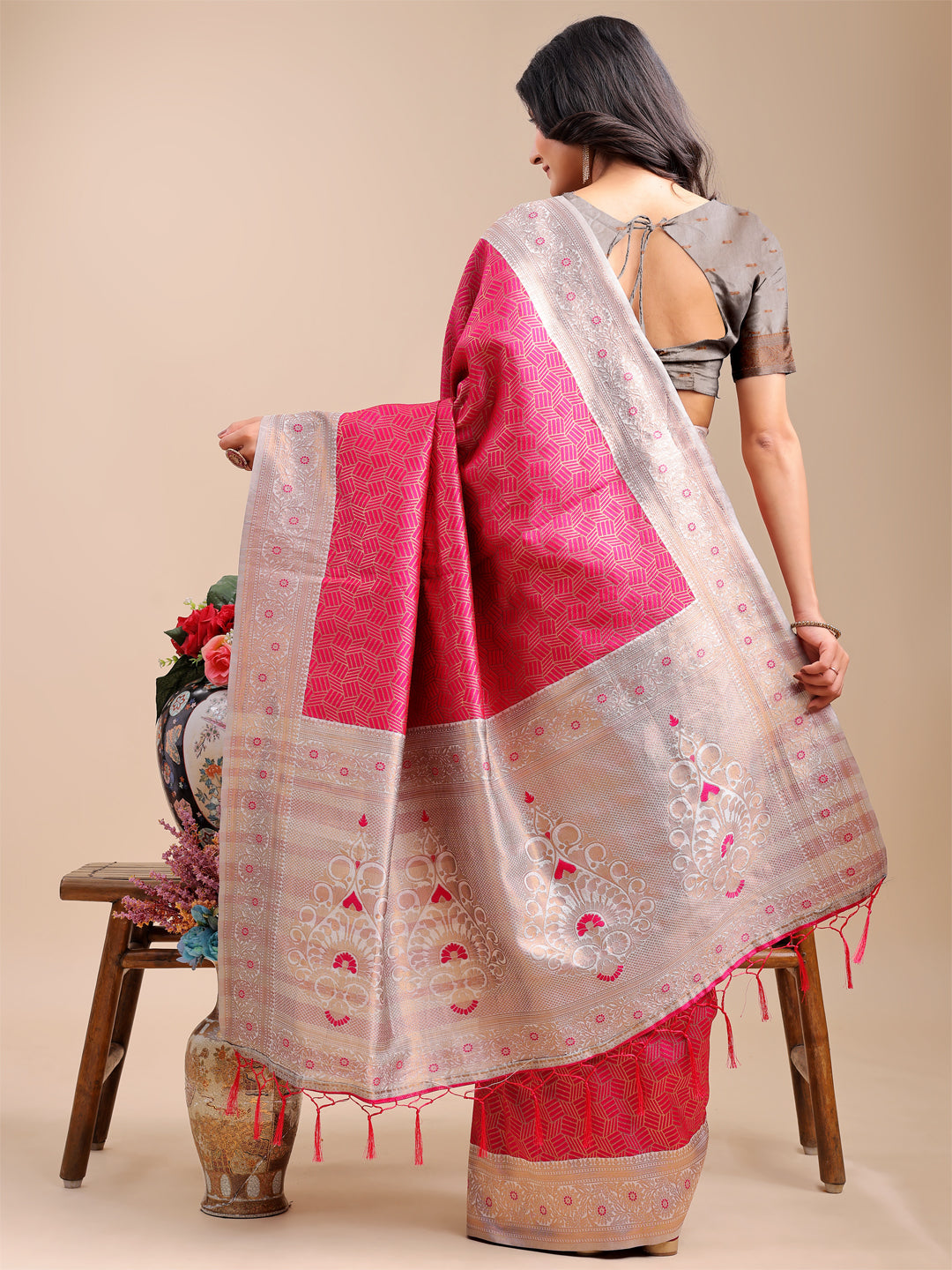 Shree Shyam Fashion Graceful Pink & Beige Lichi Silk Saree with Elegant Woven Pallu - Timeless Beauty for Every Occasion