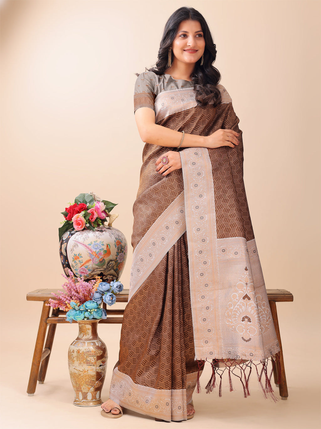 Shree Shyam Fashion Graceful Brown & Beige Lichi Silk Saree with Elegant Woven Pallu - Timeless Beauty for Every Occasion