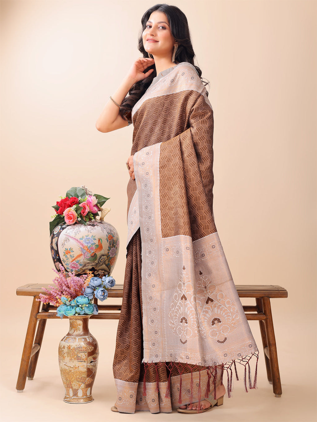 Shree Shyam Fashion Graceful Brown & Beige Lichi Silk Saree with Elegant Woven Pallu - Timeless Beauty for Every Occasion