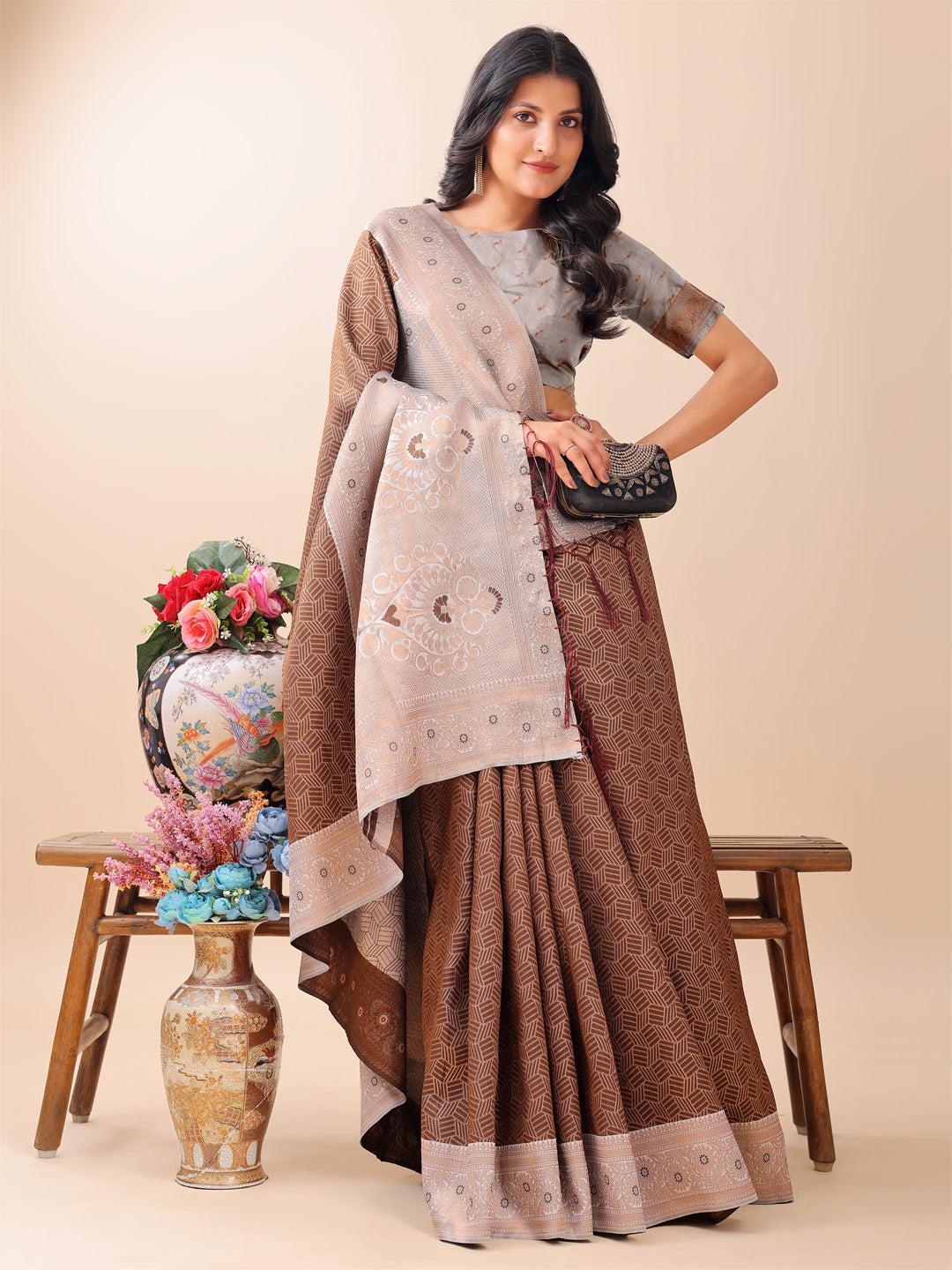 Shree Shyam Fashion Graceful Brown & Beige Lichi Silk Saree with Elegant Woven Pallu - Timeless Beauty for Every Occasion