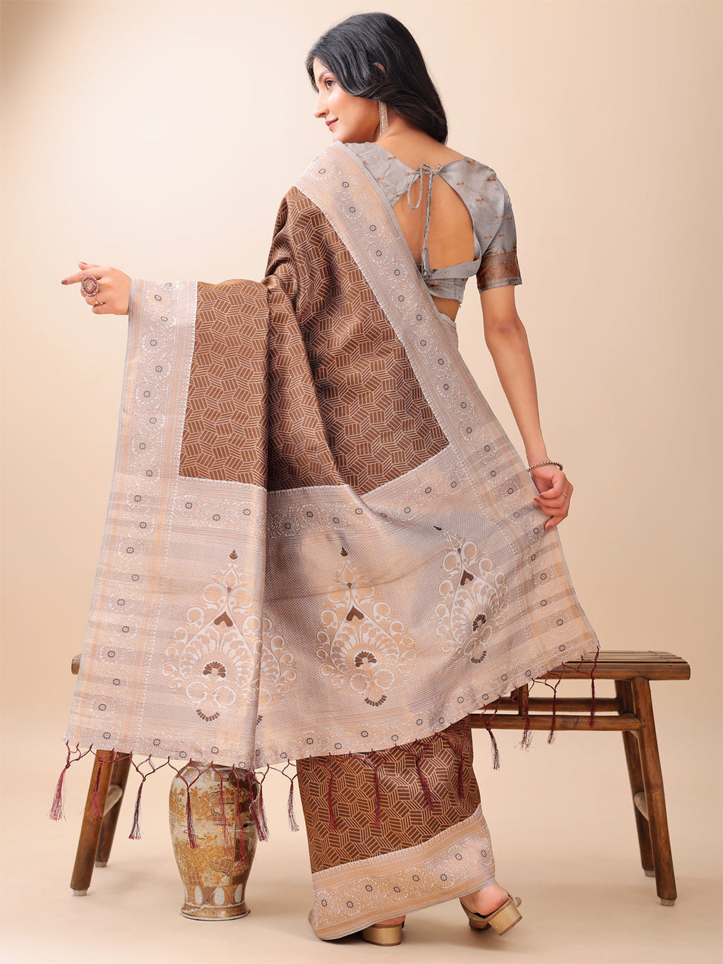 Shree Shyam Fashion Graceful Brown & Beige Lichi Silk Saree with Elegant Woven Pallu - Timeless Beauty for Every Occasion