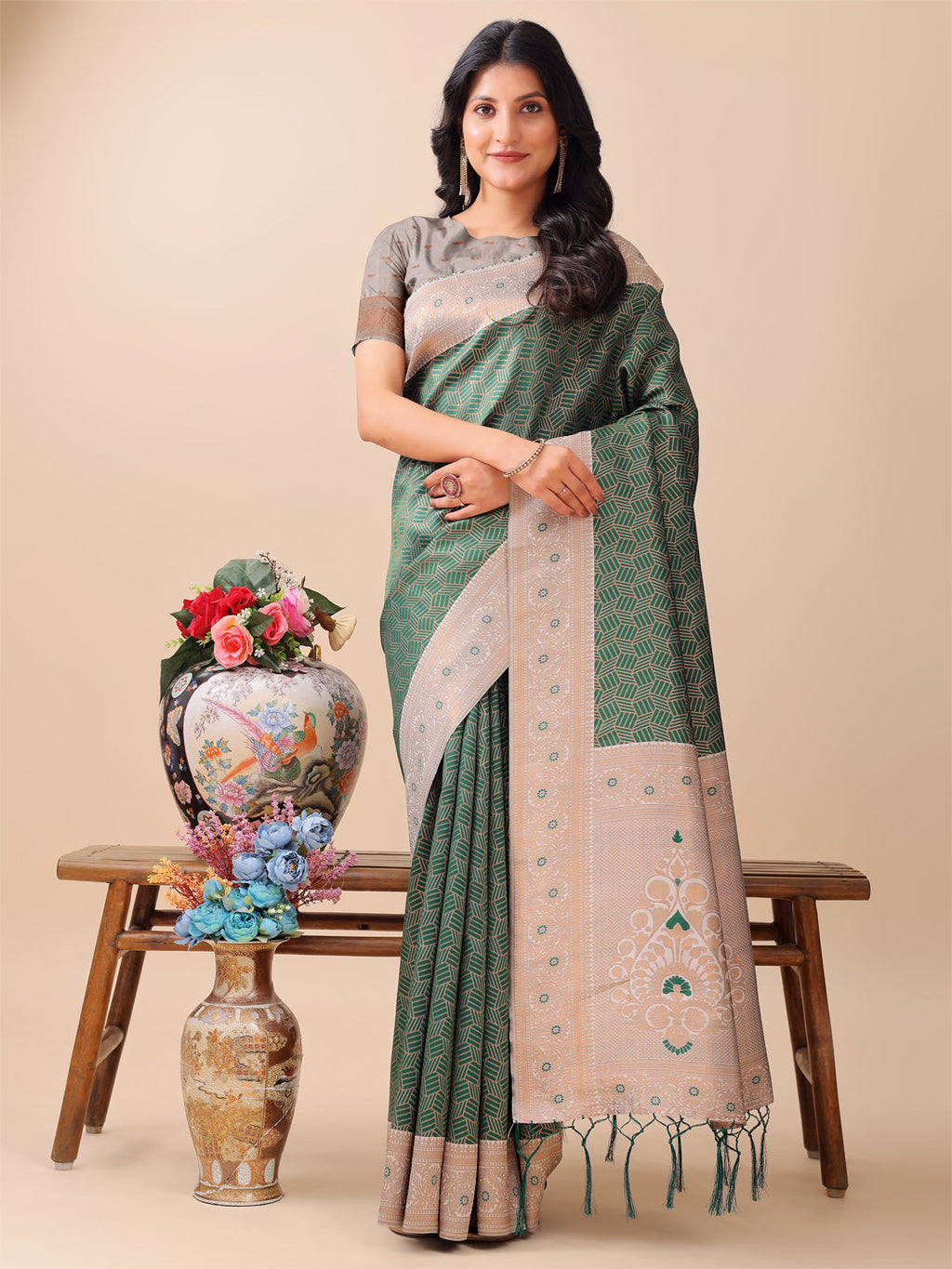 Shree Shyam Fashion Graceful Green & Beige Lichi Silk Saree with Elegant Woven Pallu - Timeless Beauty for Every Occasion