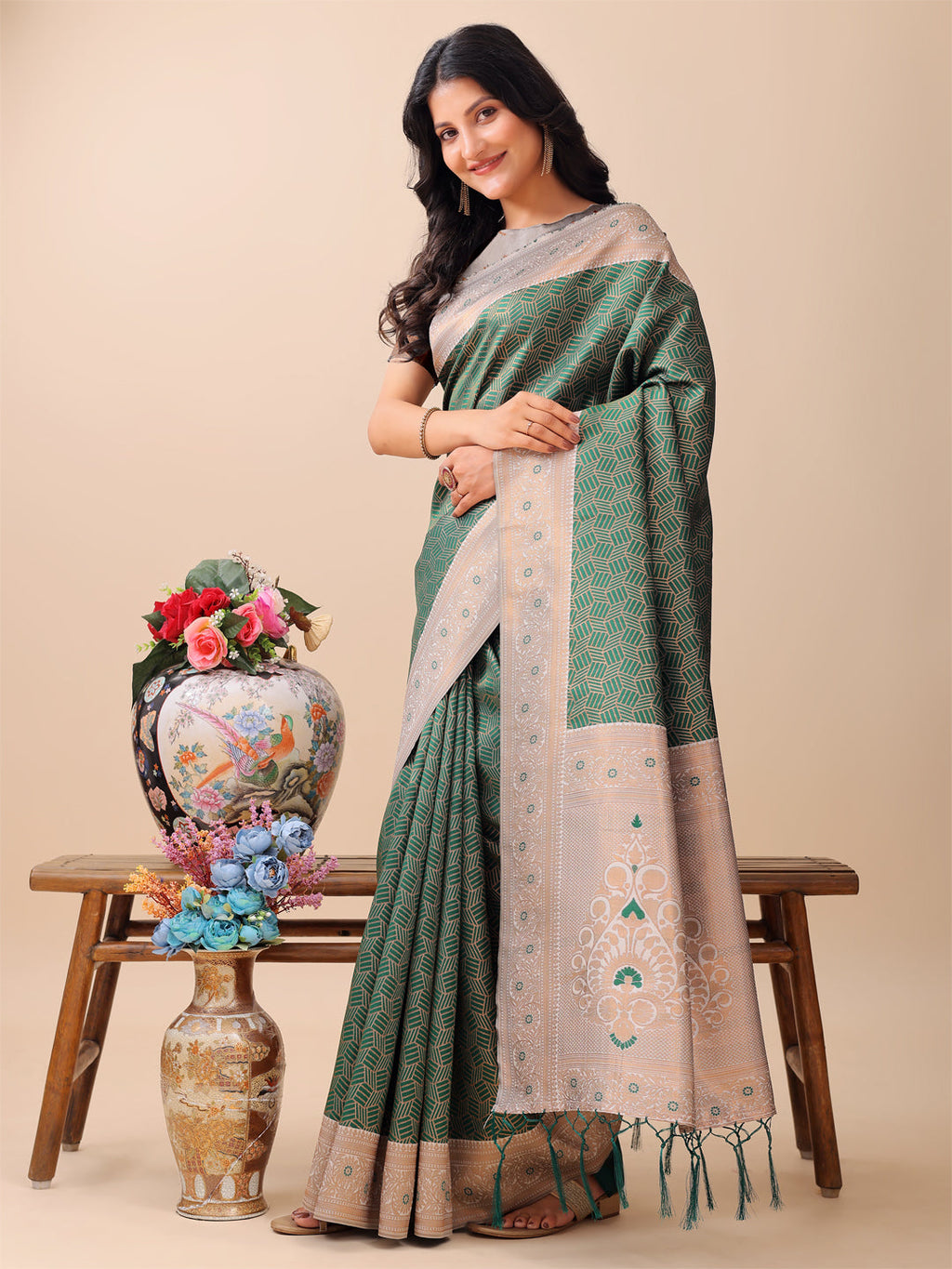 Shree Shyam Fashion Graceful Green & Beige Lichi Silk Saree with Elegant Woven Pallu - Timeless Beauty for Every Occasion
