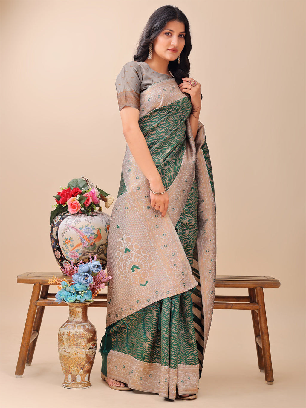 Shree Shyam Fashion Graceful Green & Beige Lichi Silk Saree with Elegant Woven Pallu - Timeless Beauty for Every Occasion