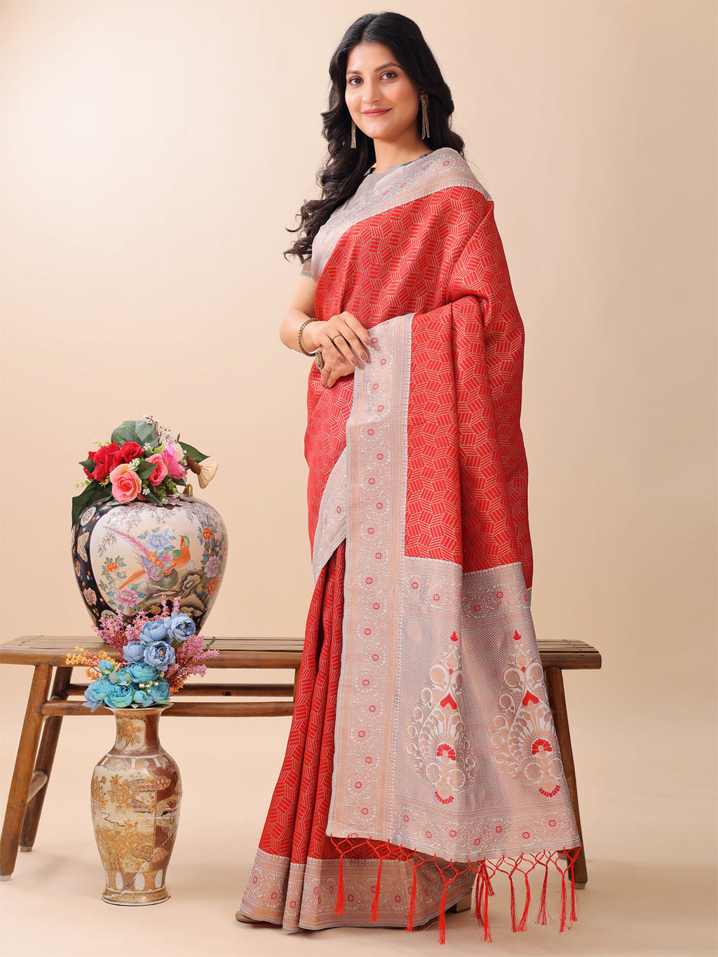 Shree Shyam Fashion Graceful Red & Beige Lichi Silk Saree with Elegant Woven Pallu - Timeless Beauty for Every Occasion