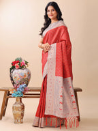 Shree Shyam Fashion Graceful Red & Beige Lichi Silk Saree with Elegant Woven Pallu - Timeless Beauty for Every Occasion