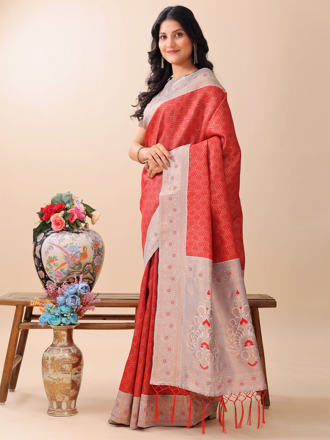 Shree Shyam Fashion Graceful Red & Beige Lichi Silk Saree with Elegant Woven Pallu - Timeless Beauty for Every Occasion
