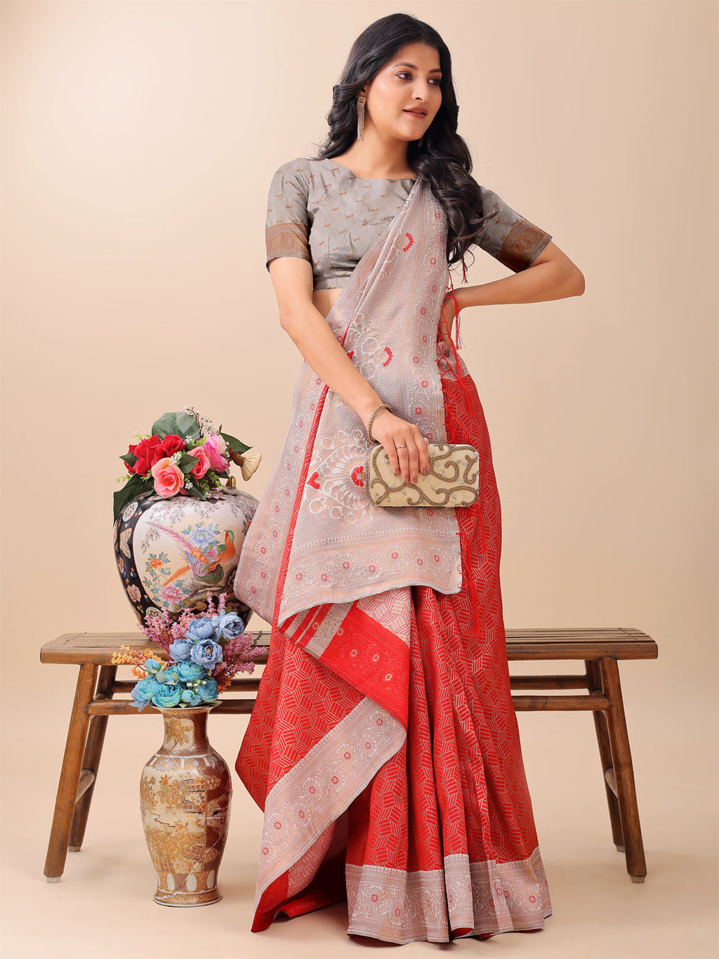 Shree Shyam Fashion Graceful Red & Beige Lichi Silk Saree with Elegant Woven Pallu - Timeless Beauty for Every Occasion