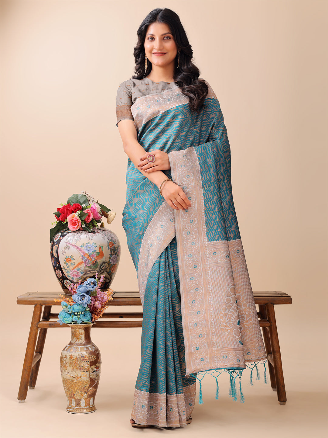 Shree Shyam Fashion Graceful Teal & Beige Lichi Silk Saree with Elegant Woven Pallu - Timeless Beauty for Every Occasion