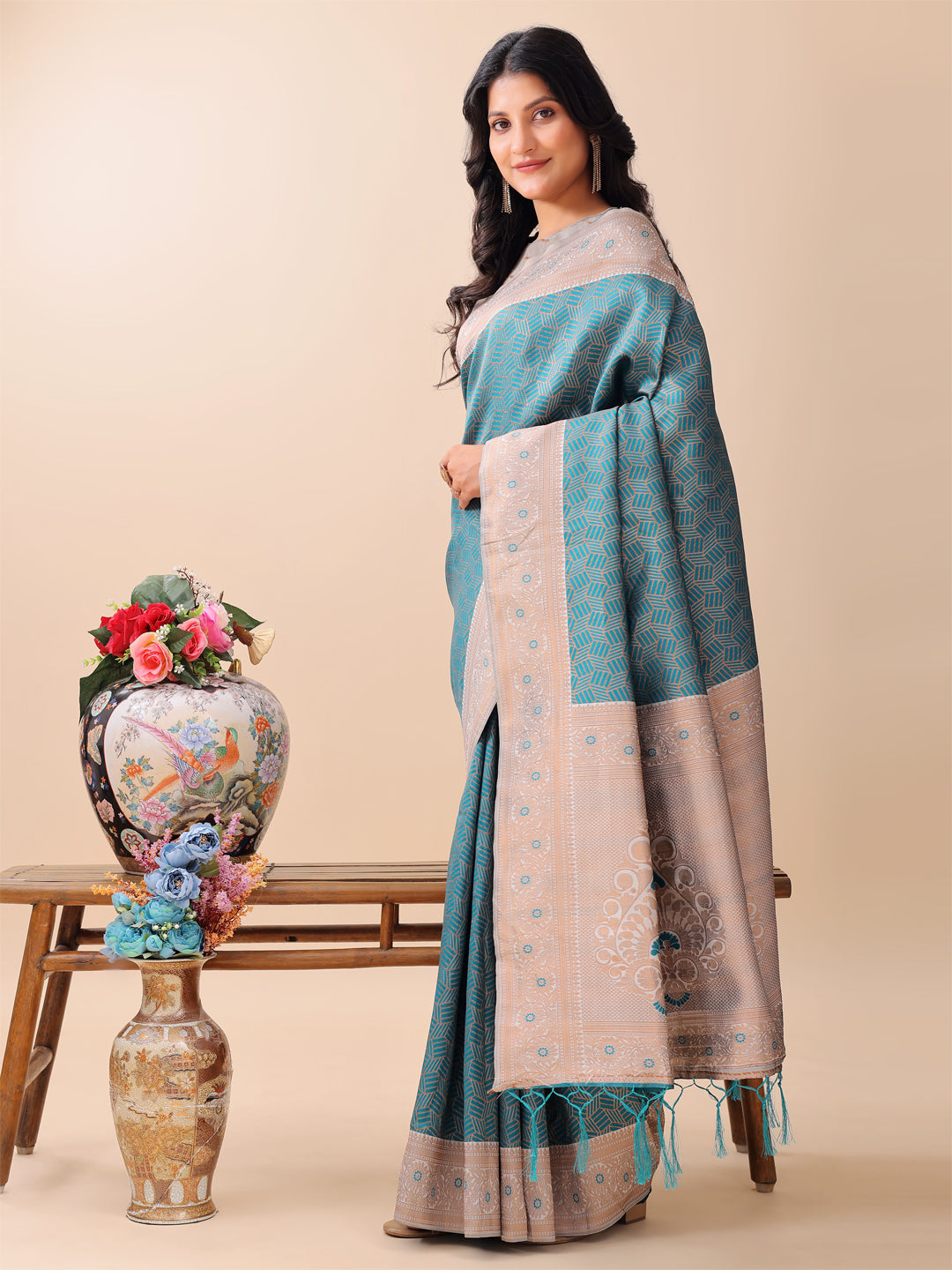 Shree Shyam Fashion Graceful Teal & Beige Lichi Silk Saree with Elegant Woven Pallu - Timeless Beauty for Every Occasion