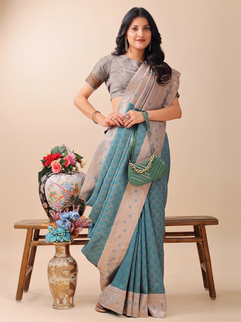 Shree Shyam Fashion Graceful Teal & Beige Lichi Silk Saree with Elegant Woven Pallu - Timeless Beauty for Every Occasion