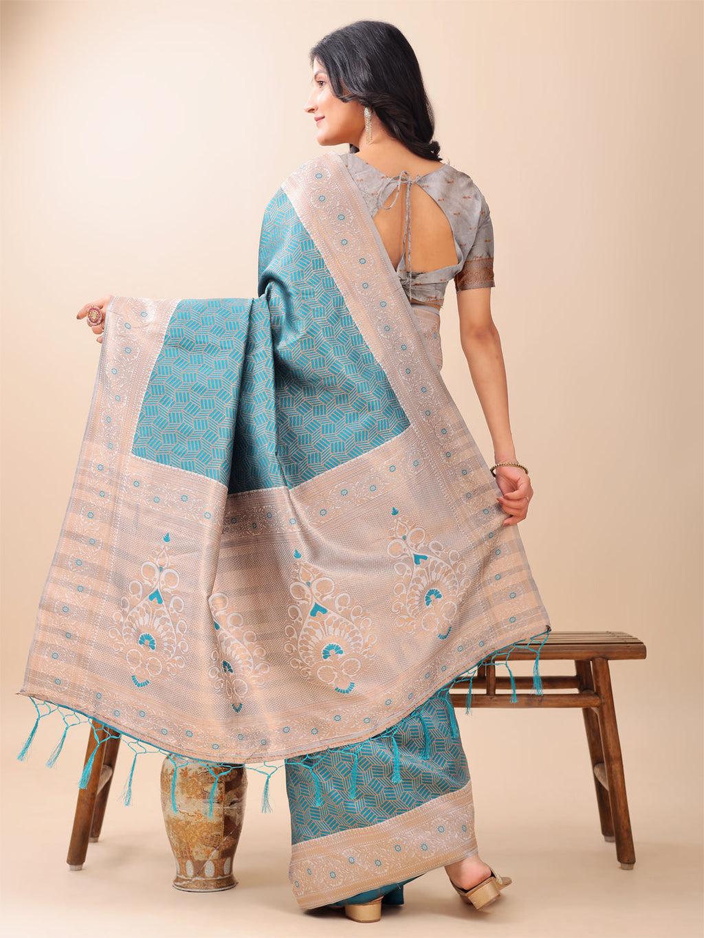 Shree Shyam Fashion Graceful Teal & Beige Lichi Silk Saree with Elegant Woven Pallu - Timeless Beauty for Every Occasion
