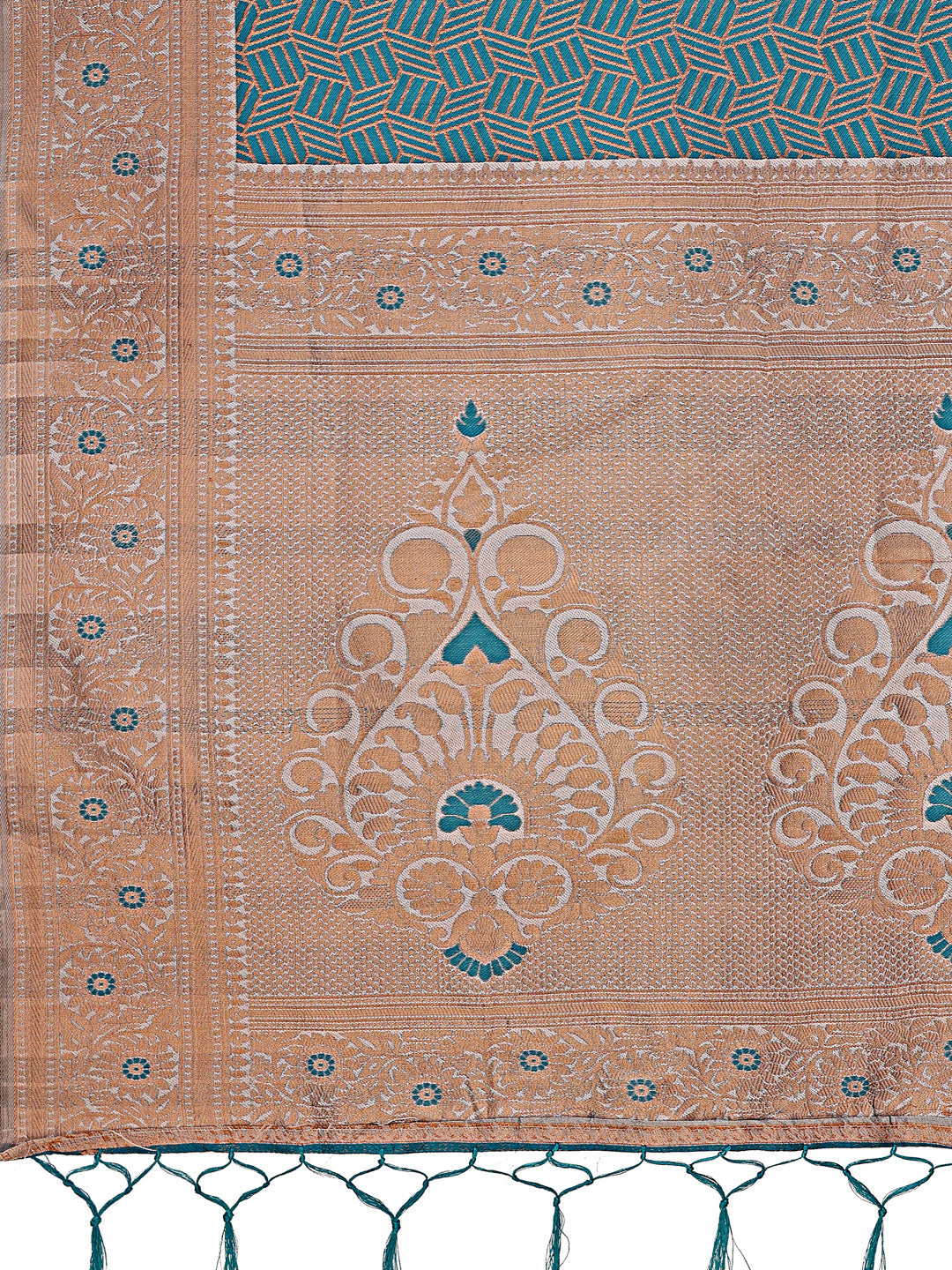 Shree Shyam Fashion Graceful Teal & Beige Lichi Silk Saree with Elegant Woven Pallu - Timeless Beauty for Every Occasion