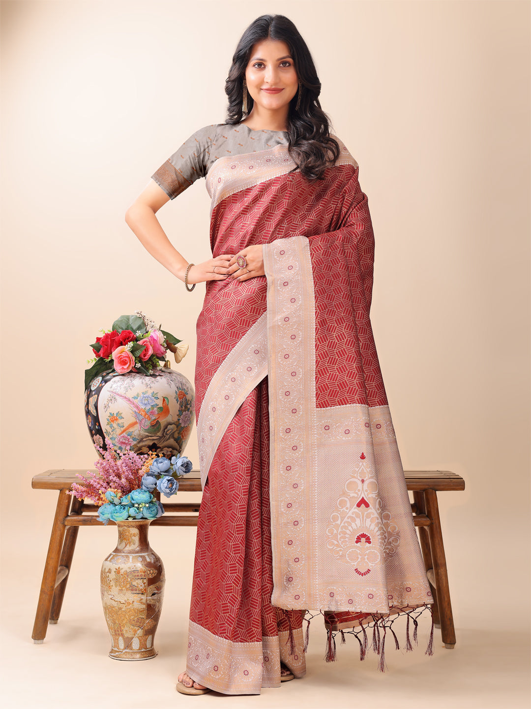 Shree Shyam Fashion Graceful Maroon & Beige Lichi Silk Saree with Elegant Woven Pallu - Timeless Beauty for Every Occasion