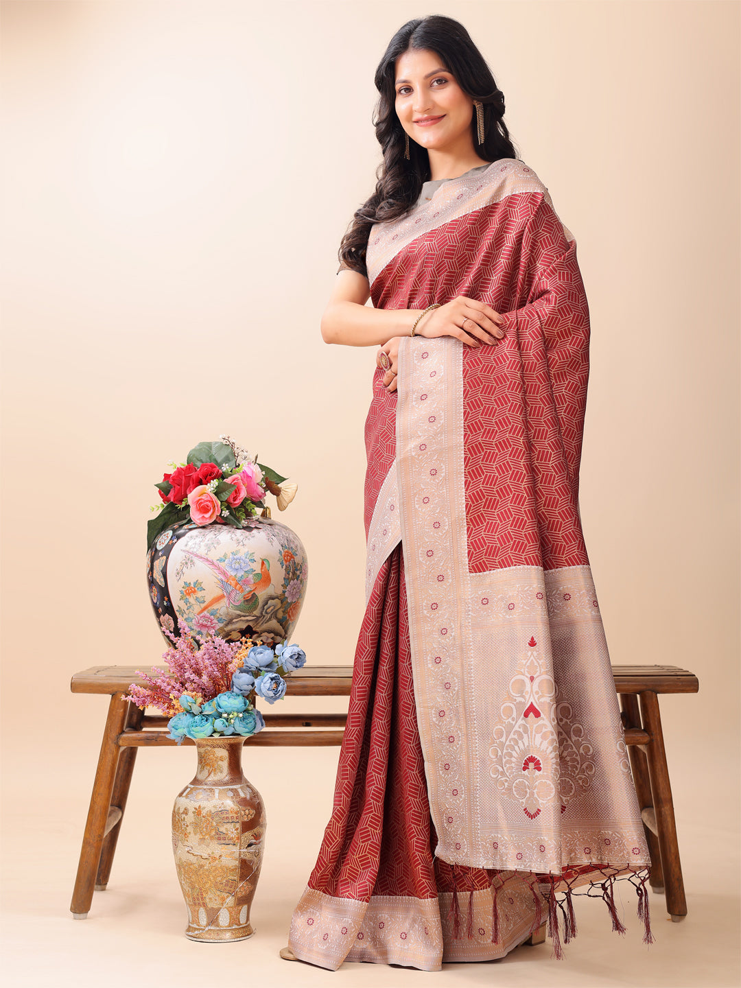 Shree Shyam Fashion Graceful Maroon & Beige Lichi Silk Saree with Elegant Woven Pallu - Timeless Beauty for Every Occasion