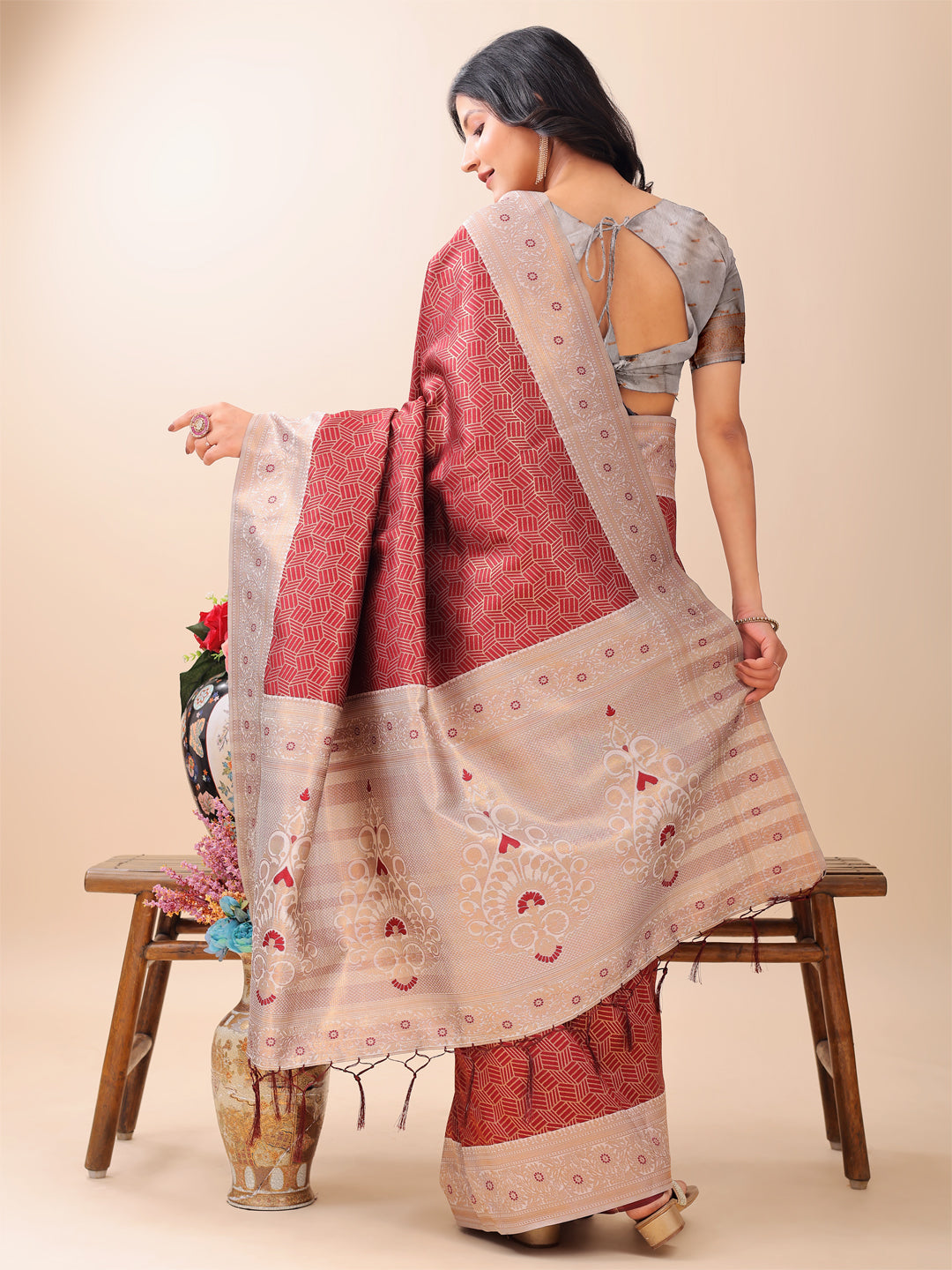 Shree Shyam Fashion Graceful Maroon & Beige Lichi Silk Saree with Elegant Woven Pallu - Timeless Beauty for Every Occasion