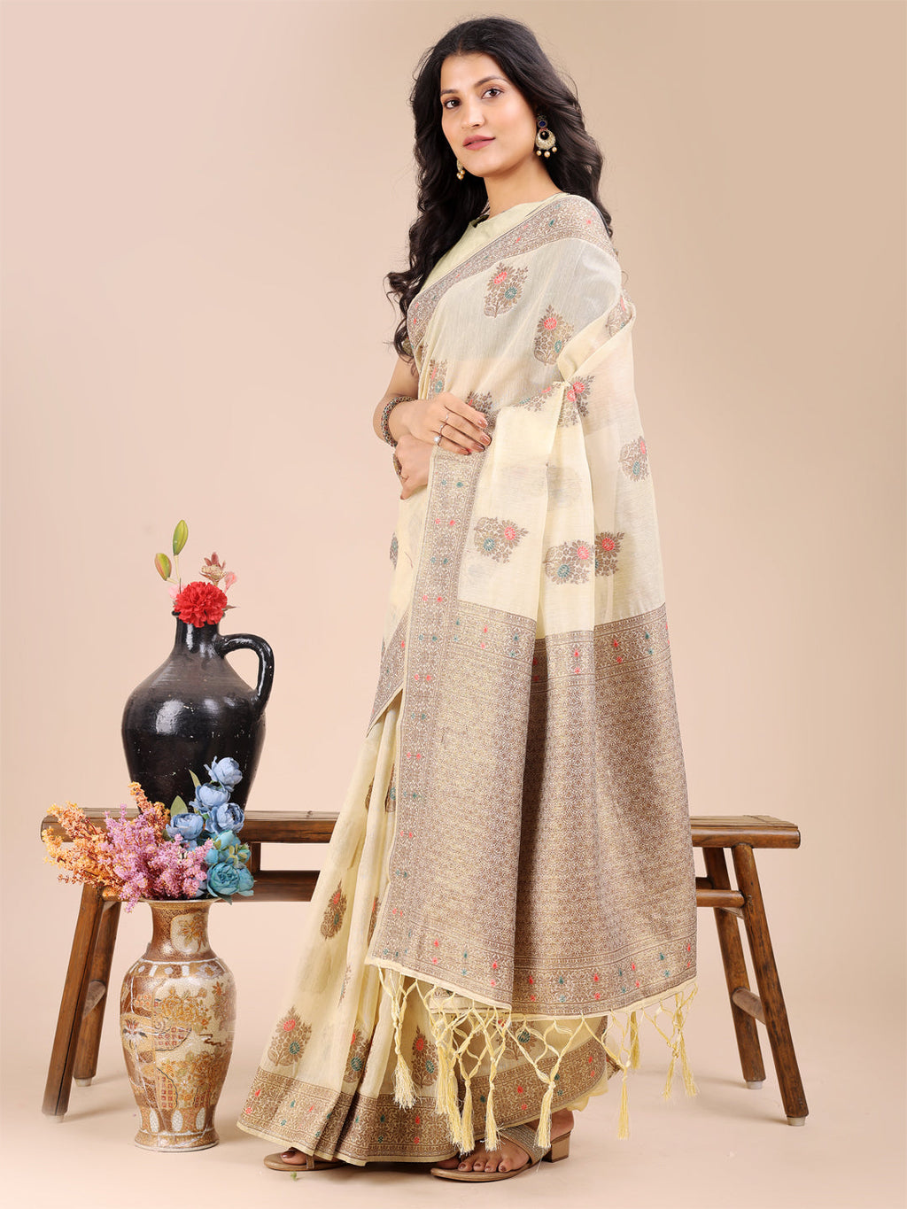 Shree Shyam Fashion Cream Cotton Woven Zari Work Traditional Tassel Saree