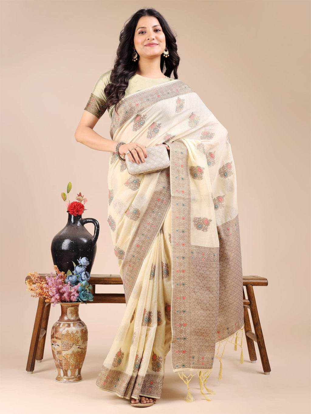 Shree Shyam Fashion Cream Cotton Woven Zari Work Traditional Tassel Saree