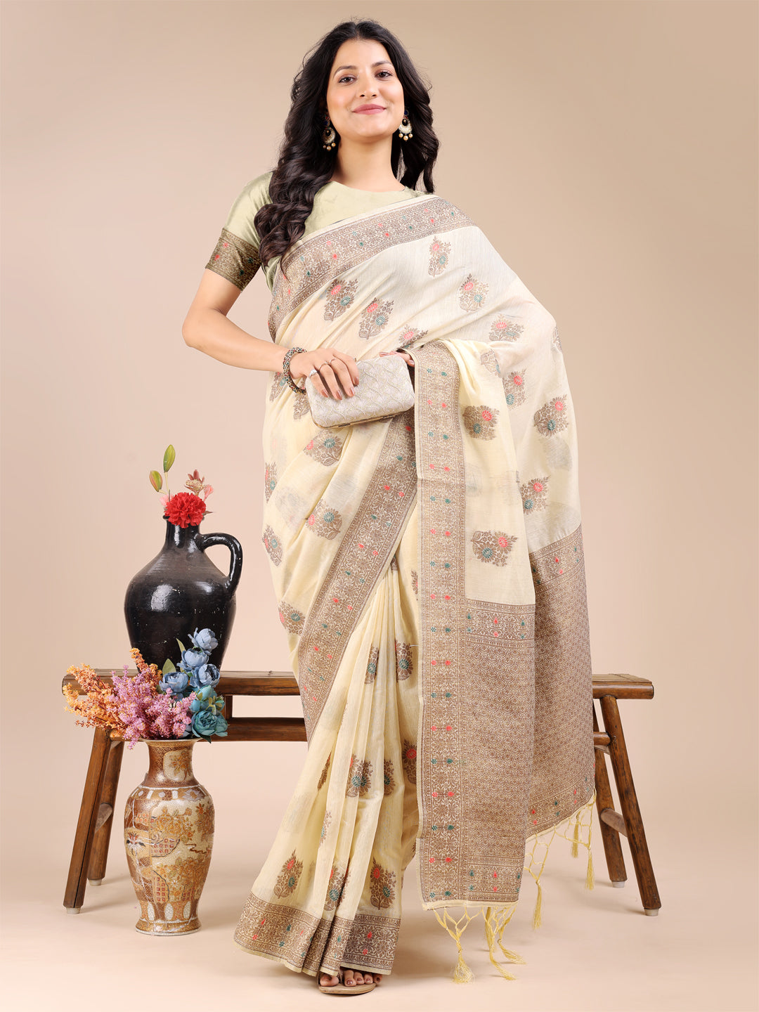 Shree Shyam Fashion Cream Cotton Woven Zari Work Traditional Tassel Saree