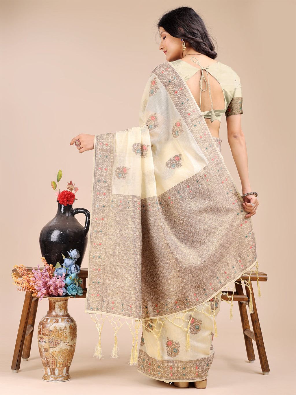 Shree Shyam Fashion Cream Cotton Woven Zari Work Traditional Tassel Saree