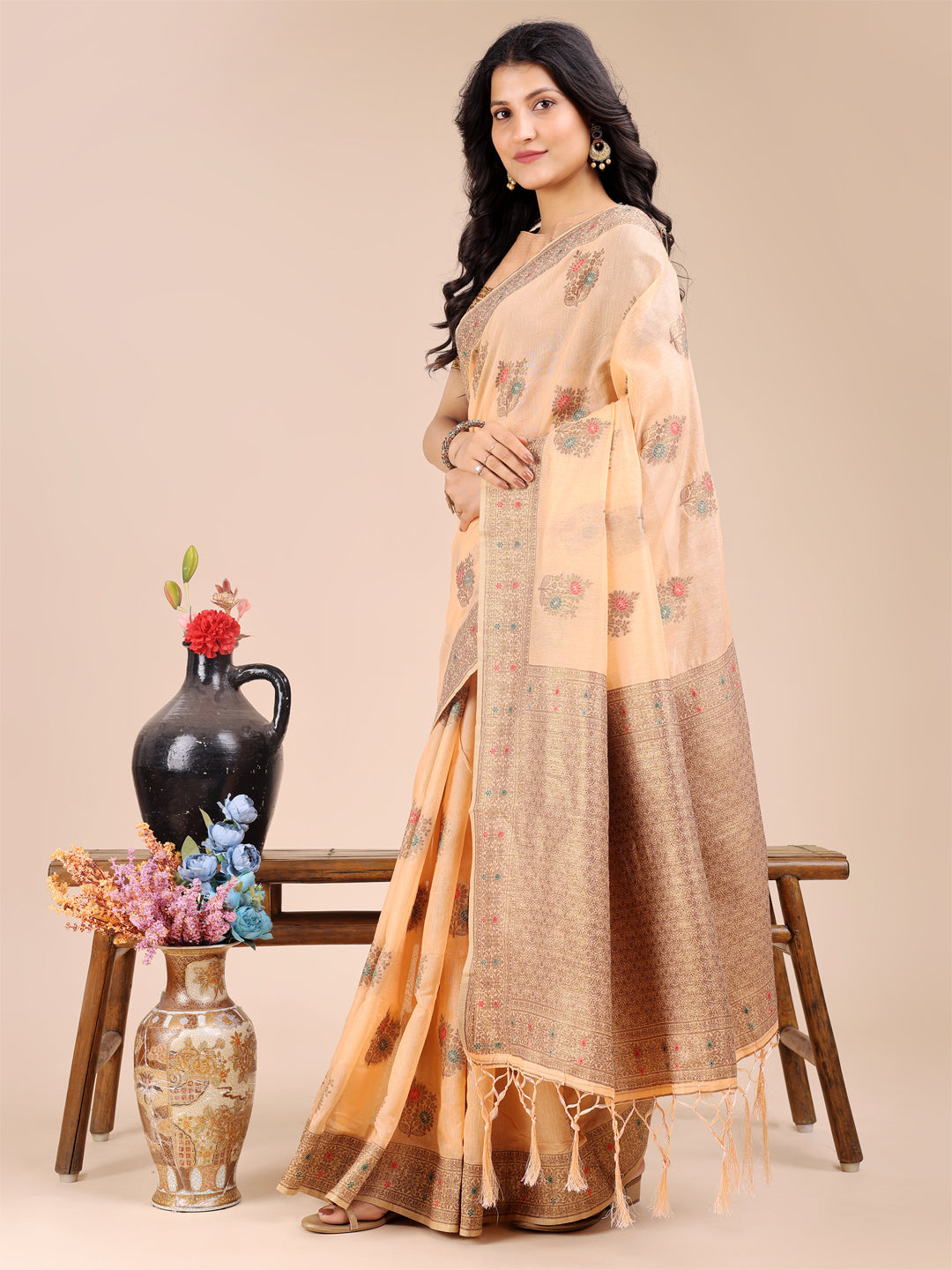 Shree Shyam Fashion Peach Cotton Woven Zari Work Traditional Tassel Saree
