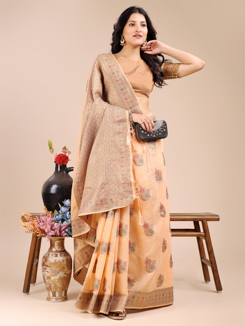 Shree Shyam Fashion Peach Cotton Woven Zari Work Traditional Tassel Saree