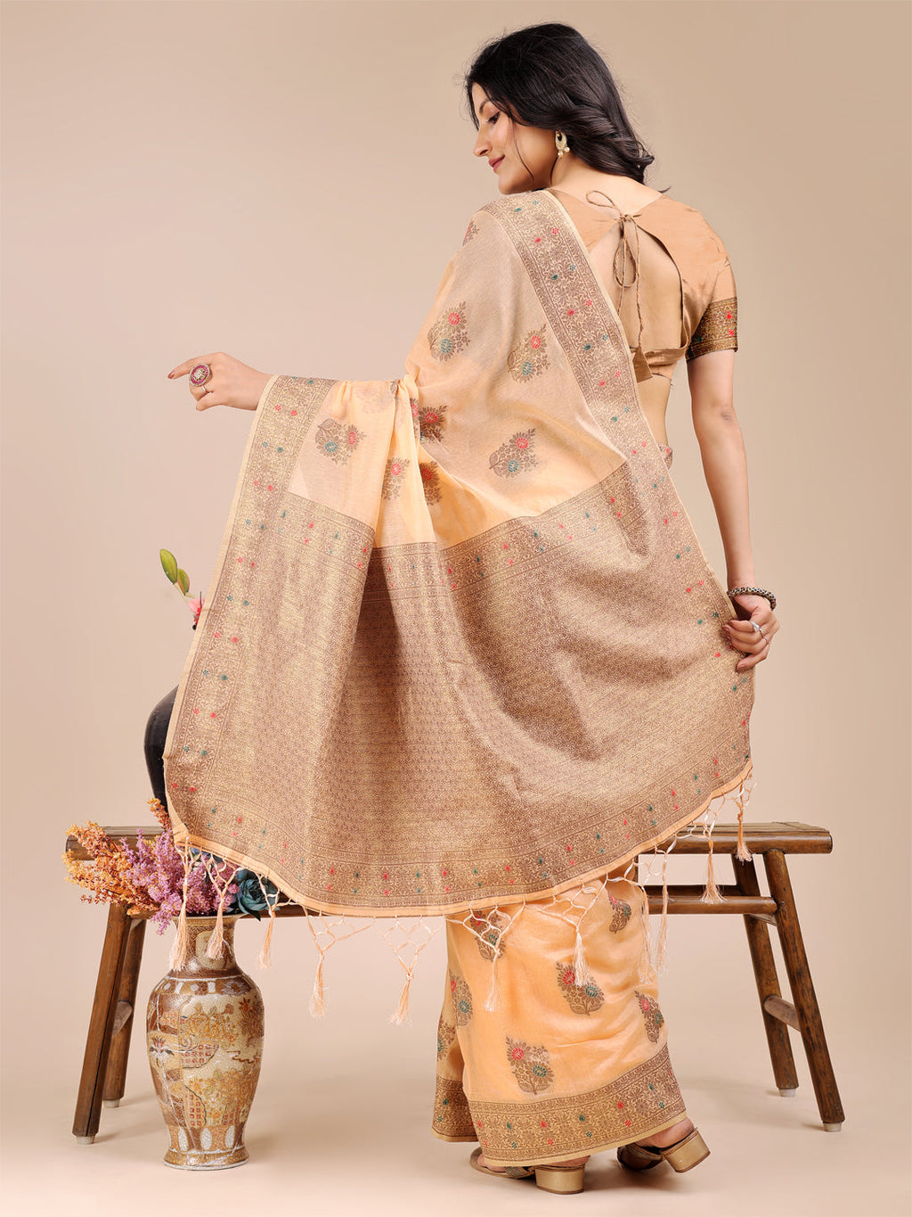 Shree Shyam Fashion Peach Cotton Woven Zari Work Traditional Tassel Saree