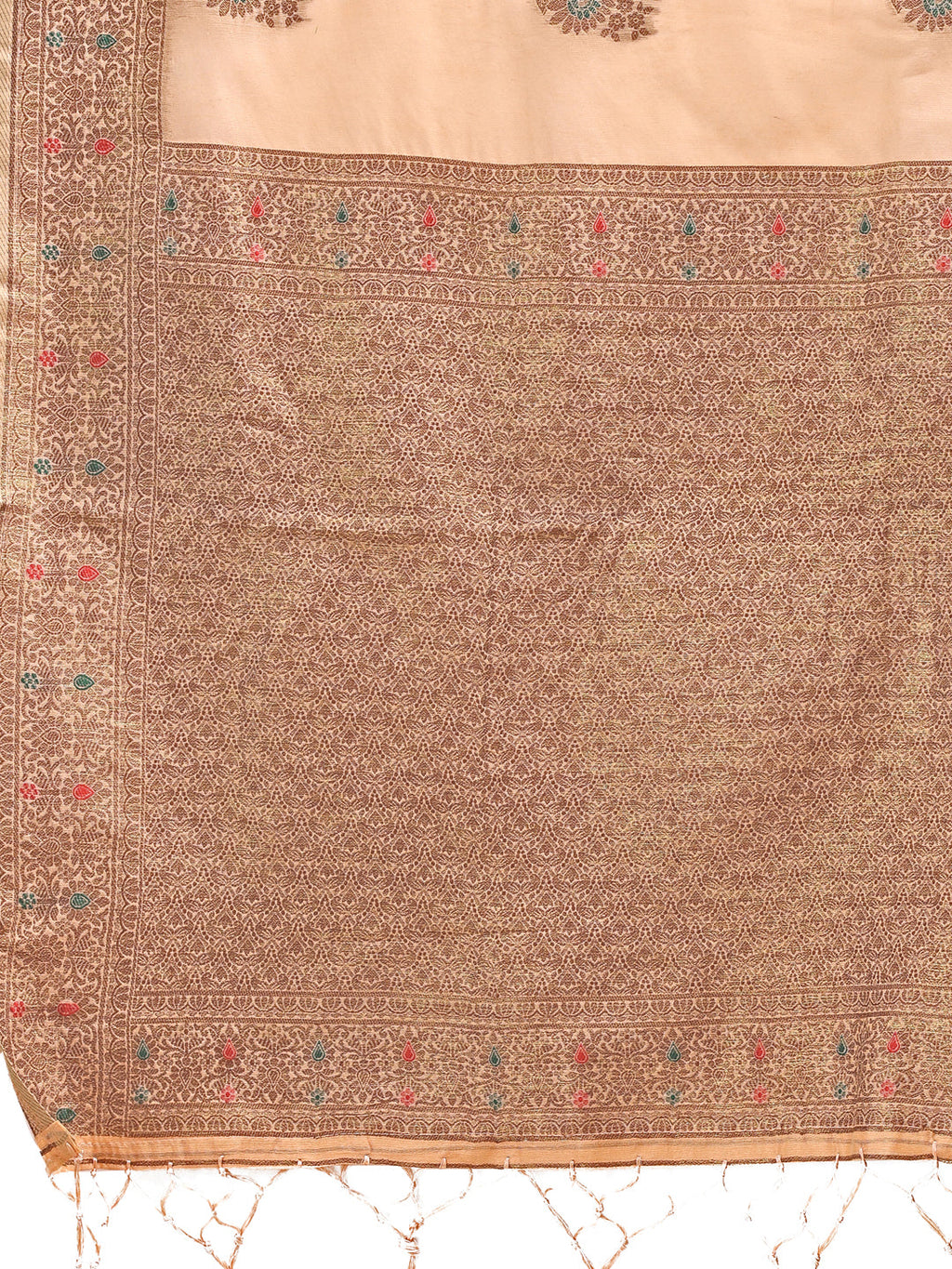 Shree Shyam Fashion Peach Cotton Woven Zari Work Traditional Tassel Saree