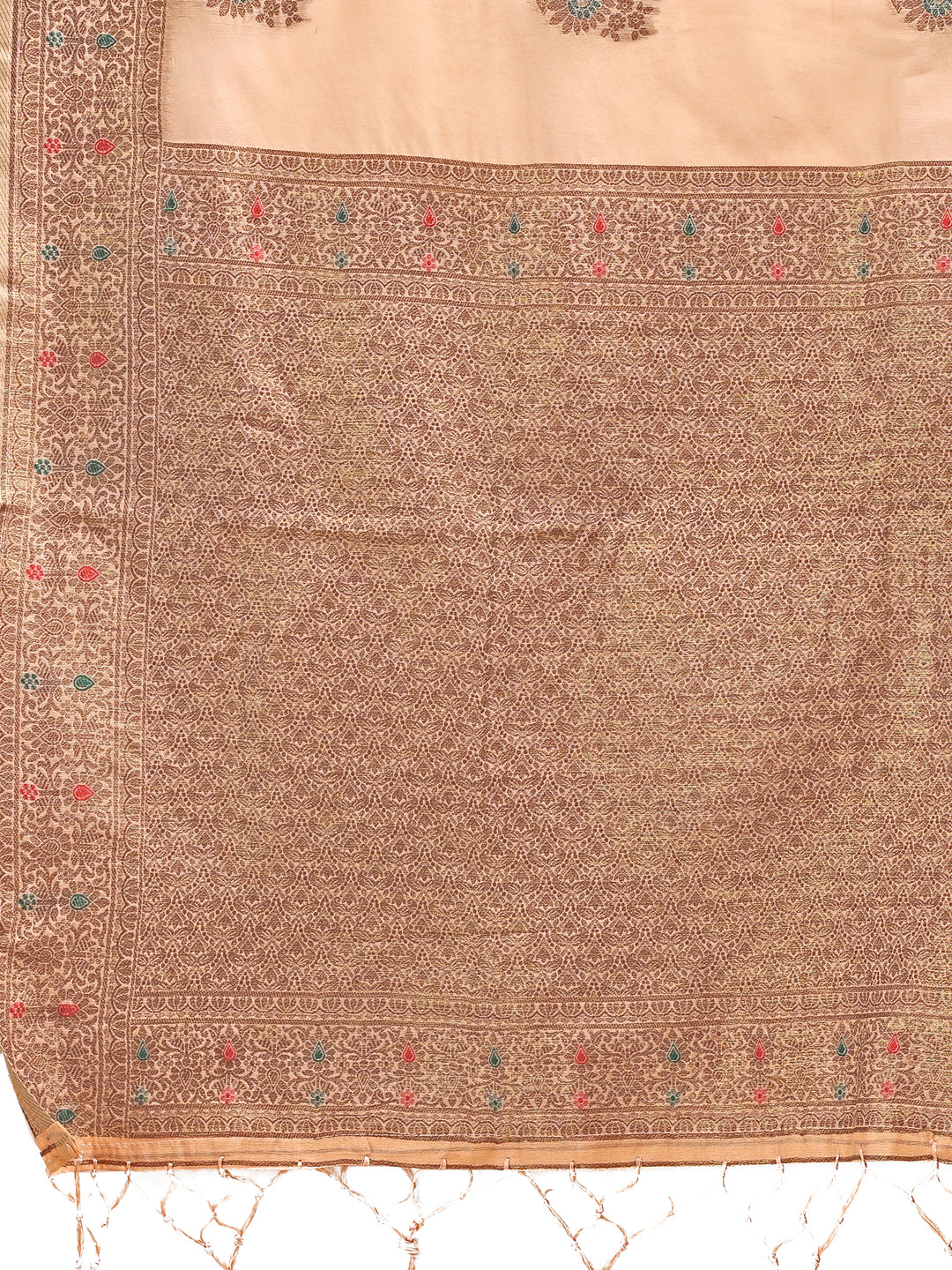 Shree Shyam Fashion Peach Cotton Woven Zari Work Traditional Tassel Saree