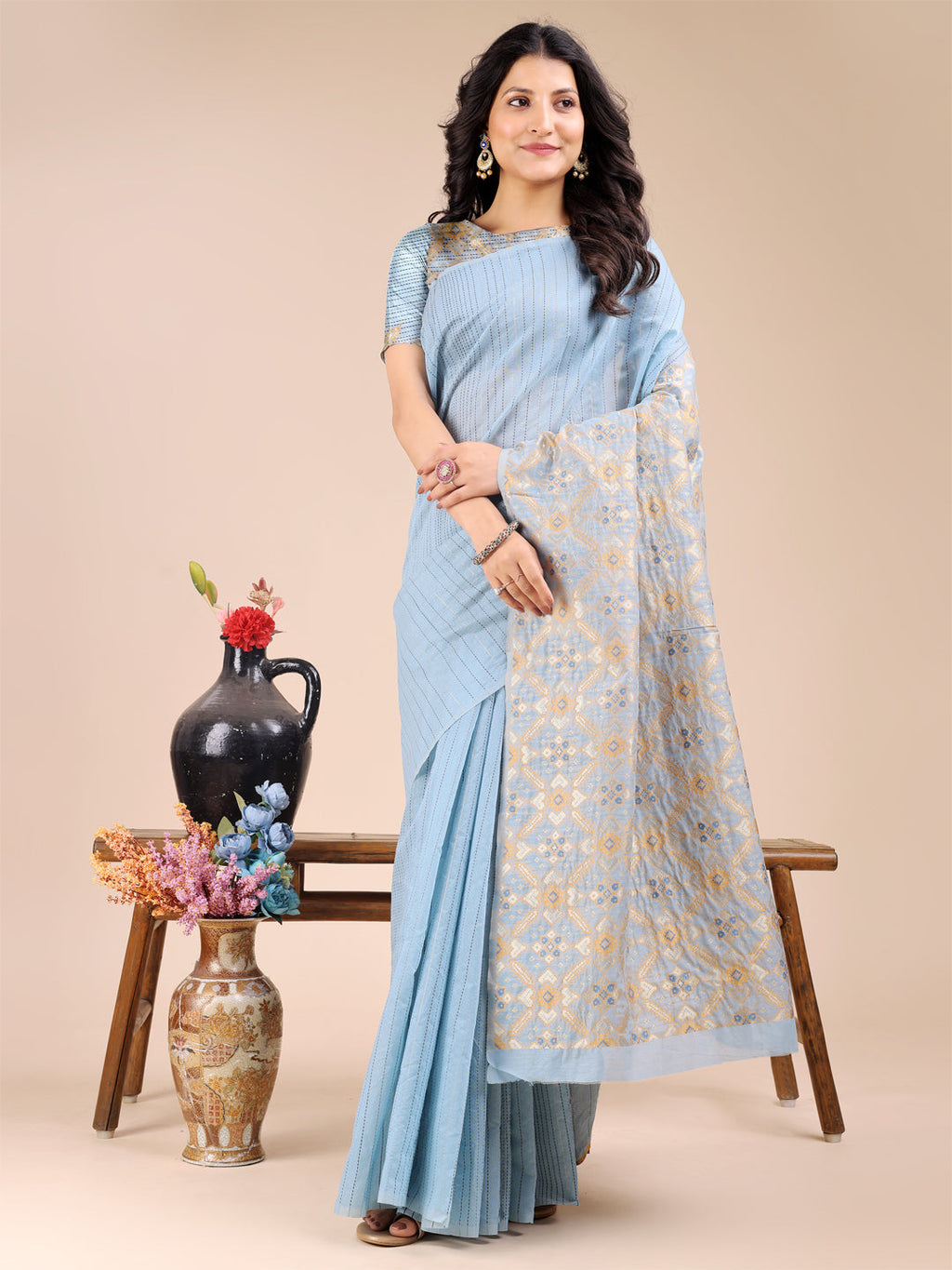 Shree Shyam Fashion Sky Blue Cotton Woven Zari Work Traditional Tassel Saree