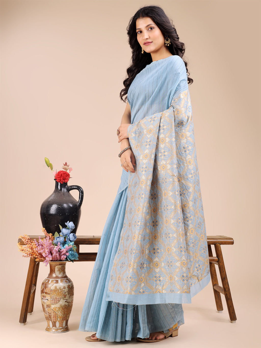 Shree Shyam Fashion Sky Blue Cotton Woven Zari Work Traditional Tassel Saree