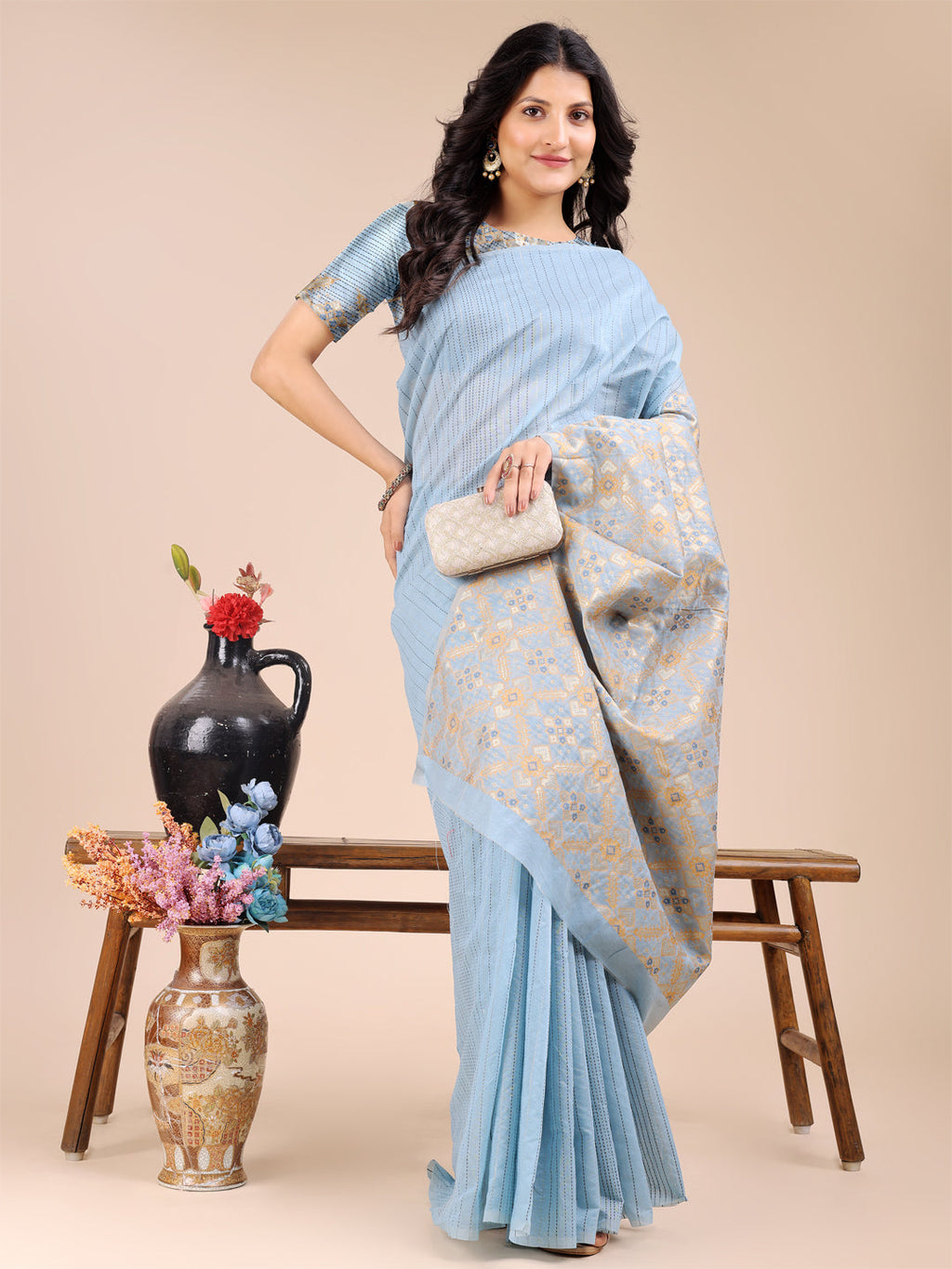 Shree Shyam Fashion Sky Blue Cotton Woven Zari Work Traditional Tassel Saree