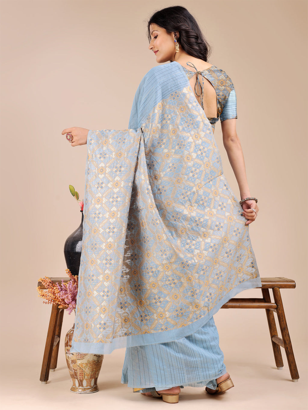 Shree Shyam Fashion Sky Blue Cotton Woven Zari Work Traditional Tassel Saree