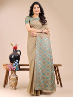 Shree Shyam Fashion Beige Cotton Woven Zari Work Traditional Tassel Saree