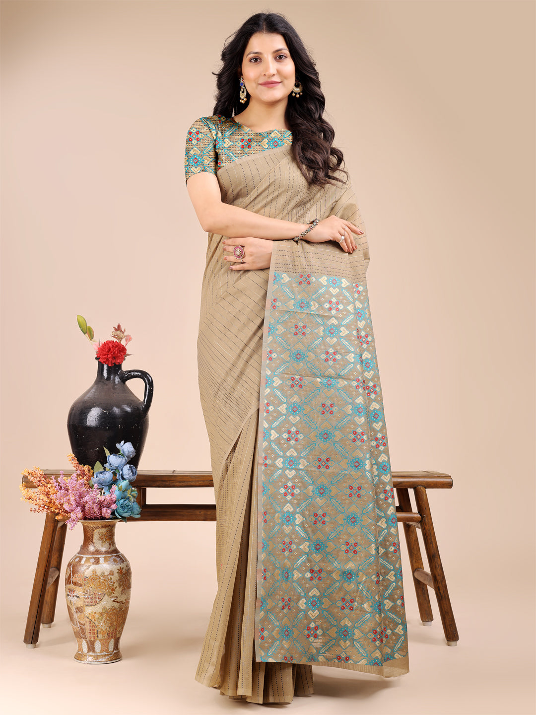 Shree Shyam Fashion Beige Cotton Woven Zari Work Traditional Tassel Saree