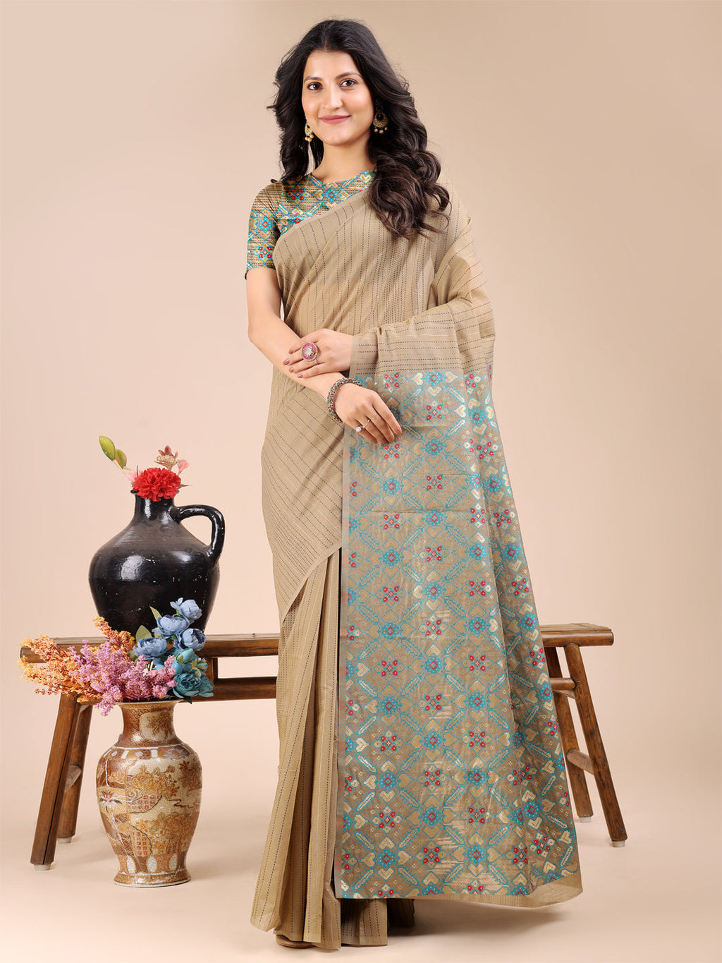 Shree Shyam Fashion Beige Cotton Woven Zari Work Traditional Tassel Saree