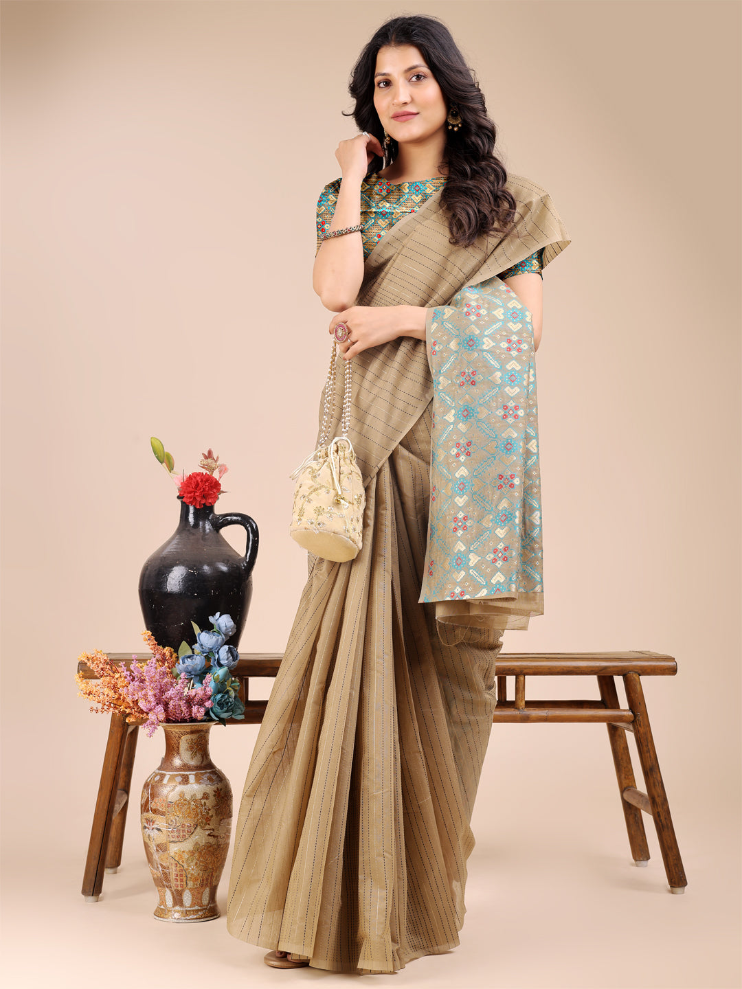 Shree Shyam Fashion Beige Cotton Woven Zari Work Traditional Tassel Saree